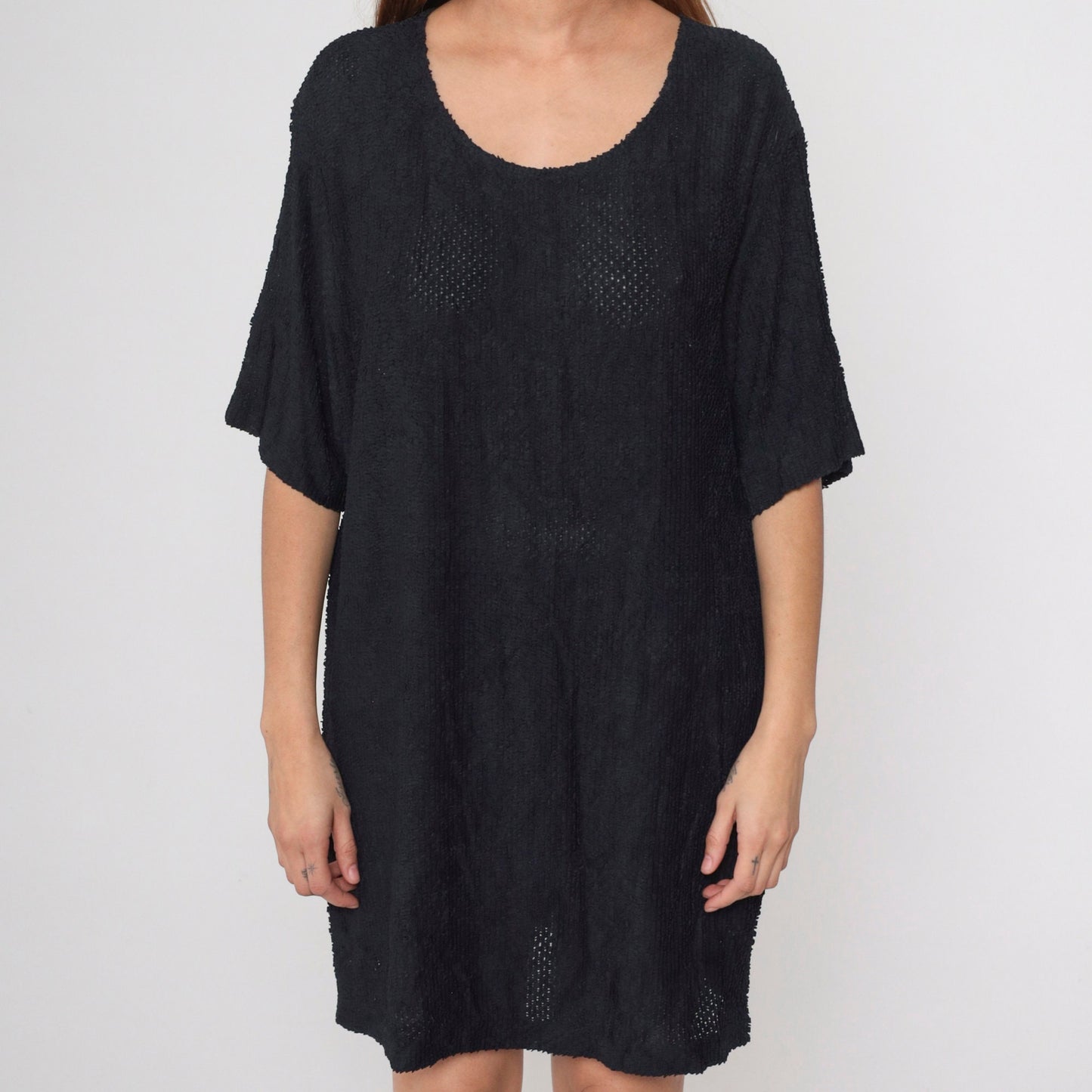 90s Black Semi-Sheer Openwork Shift Dress Plus Size XXL