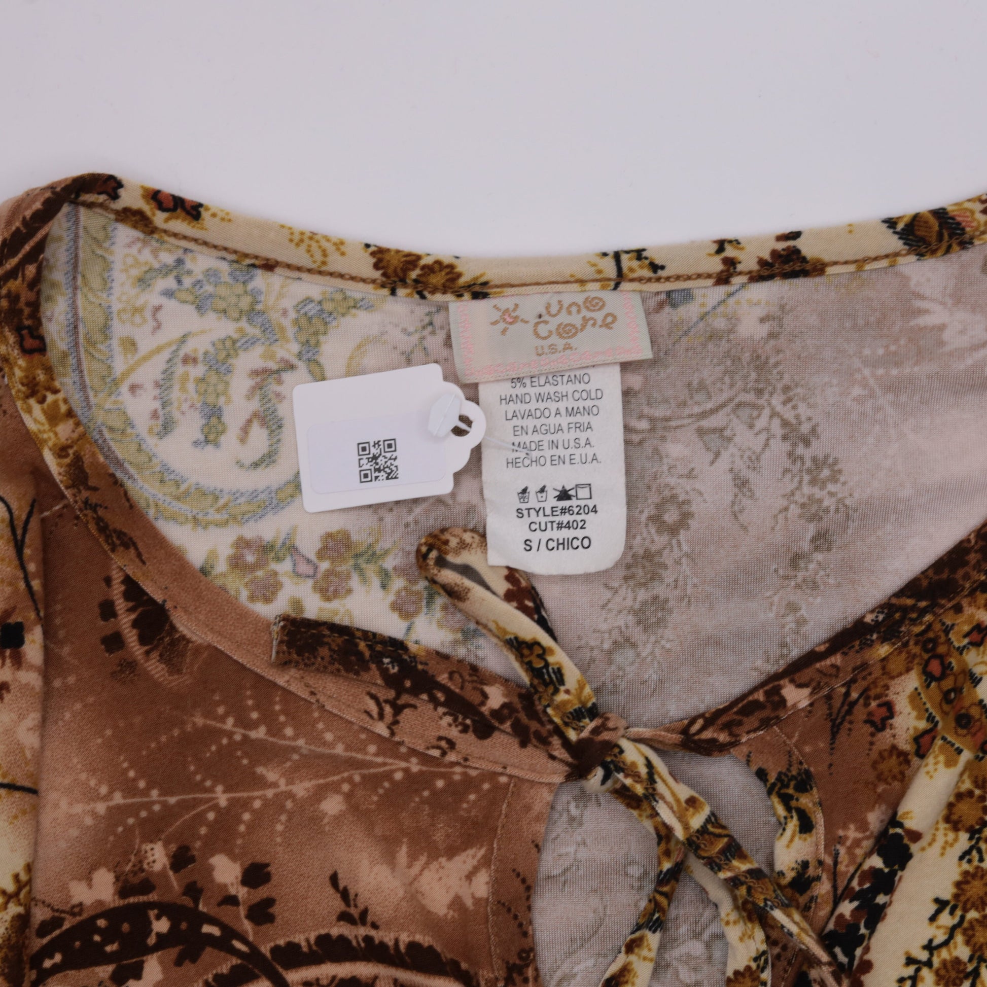Y2K Paisley Keyhole Blouse Scoop Neck Bell Sleeve Brown Small
