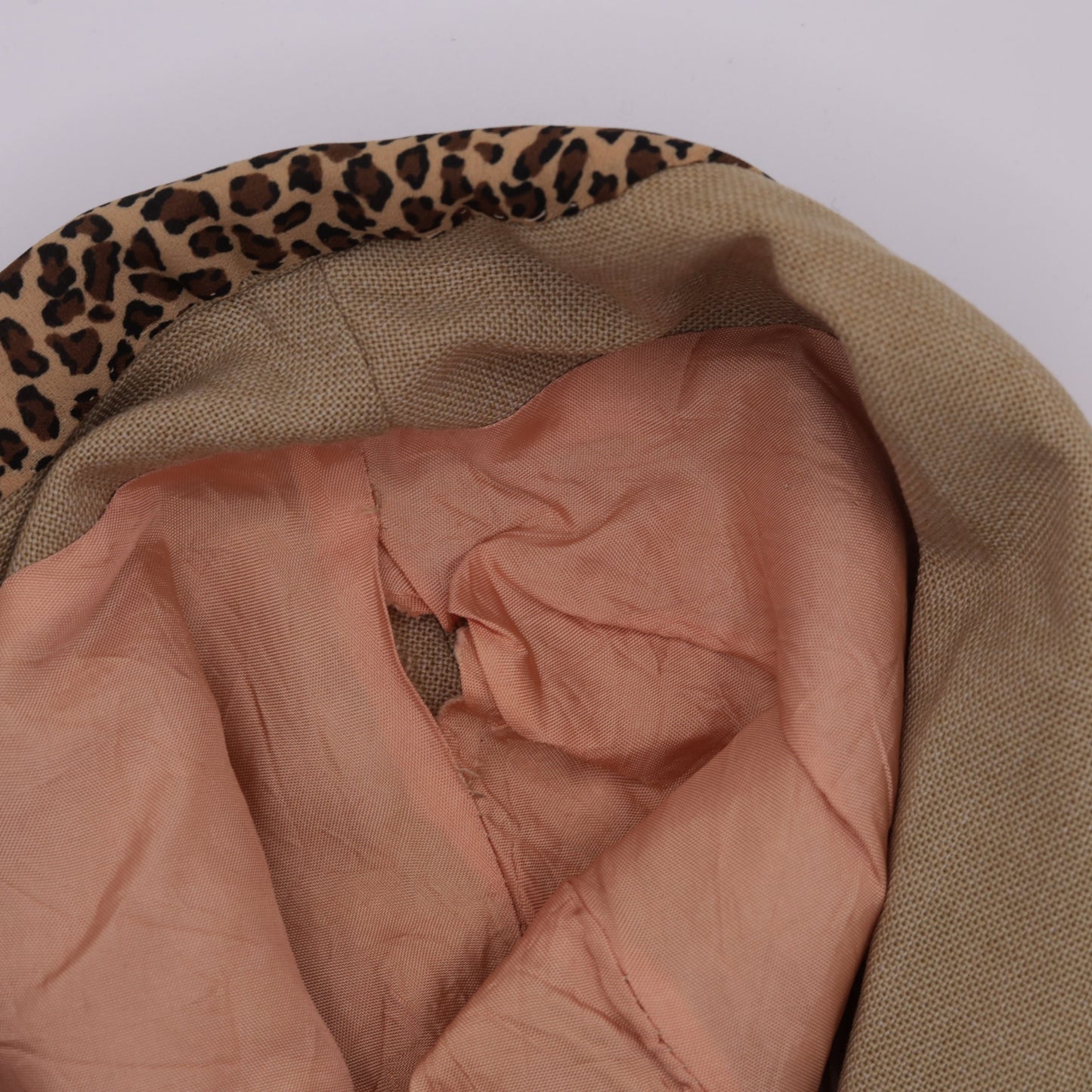 90s Tan Blazer Leopard Print Collar Deep V Neck Princess Seam Small S