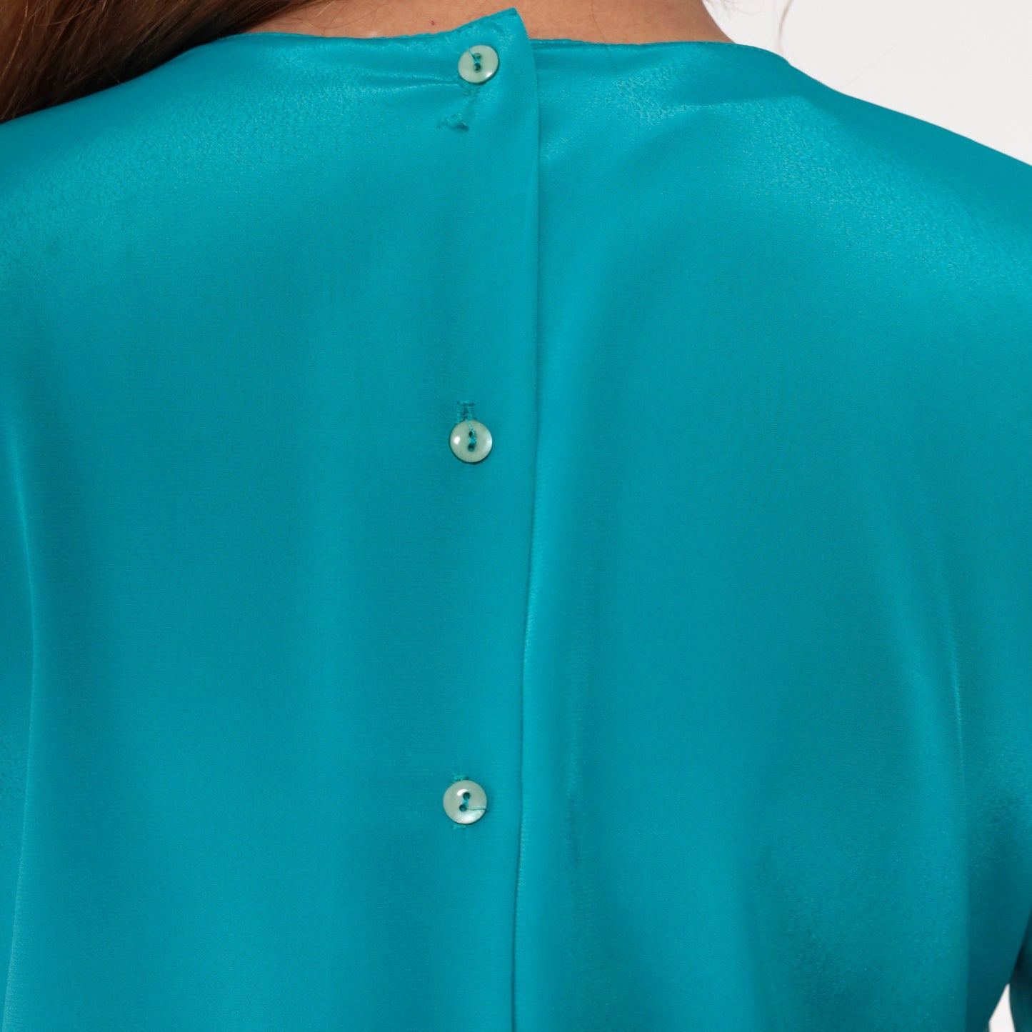 80s Teal Embroidered Cutwork Collar Blouse Button-Back Long Sleeve Small