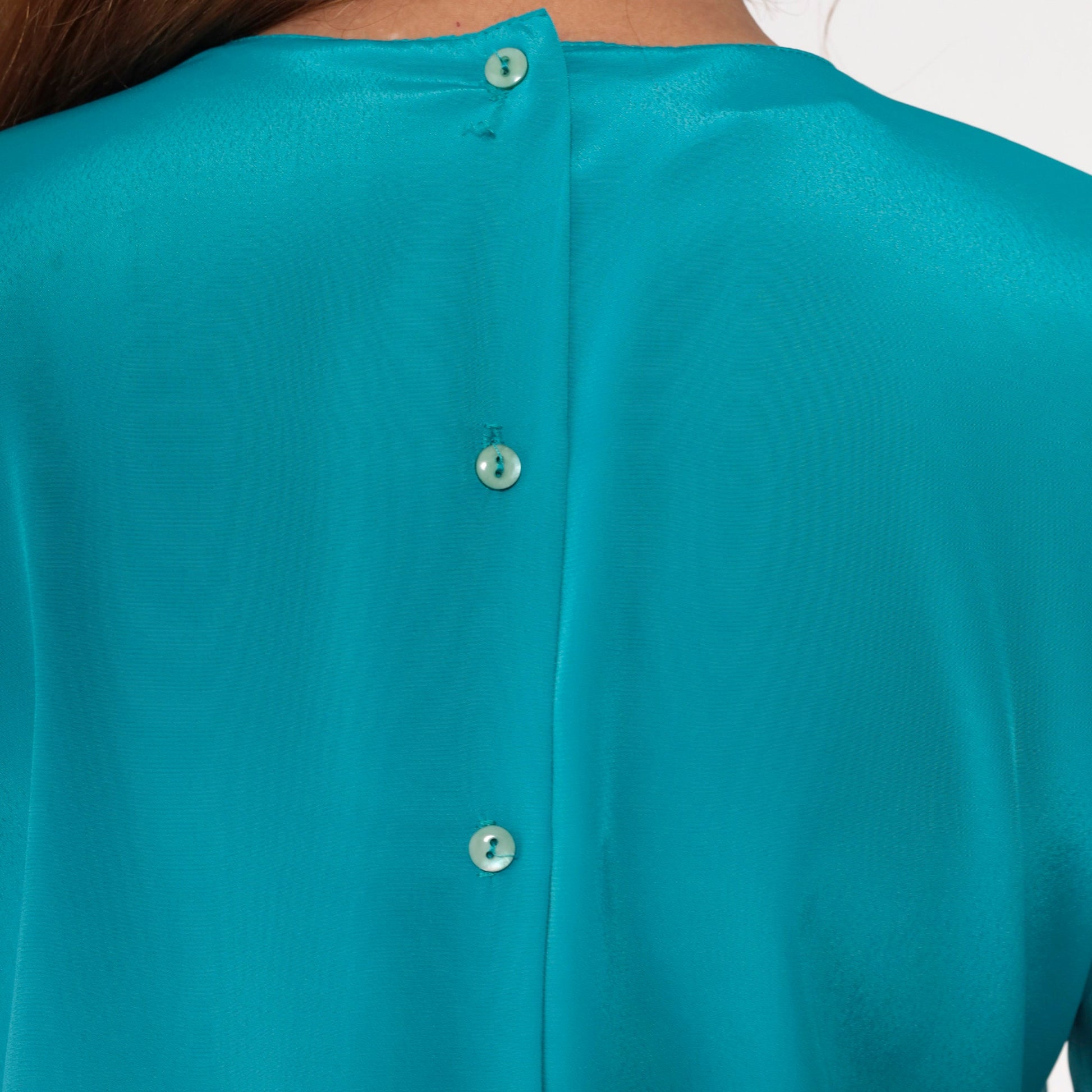 80s Teal Embroidered Cutwork Collar Blouse Button-Back Long Sleeve Small