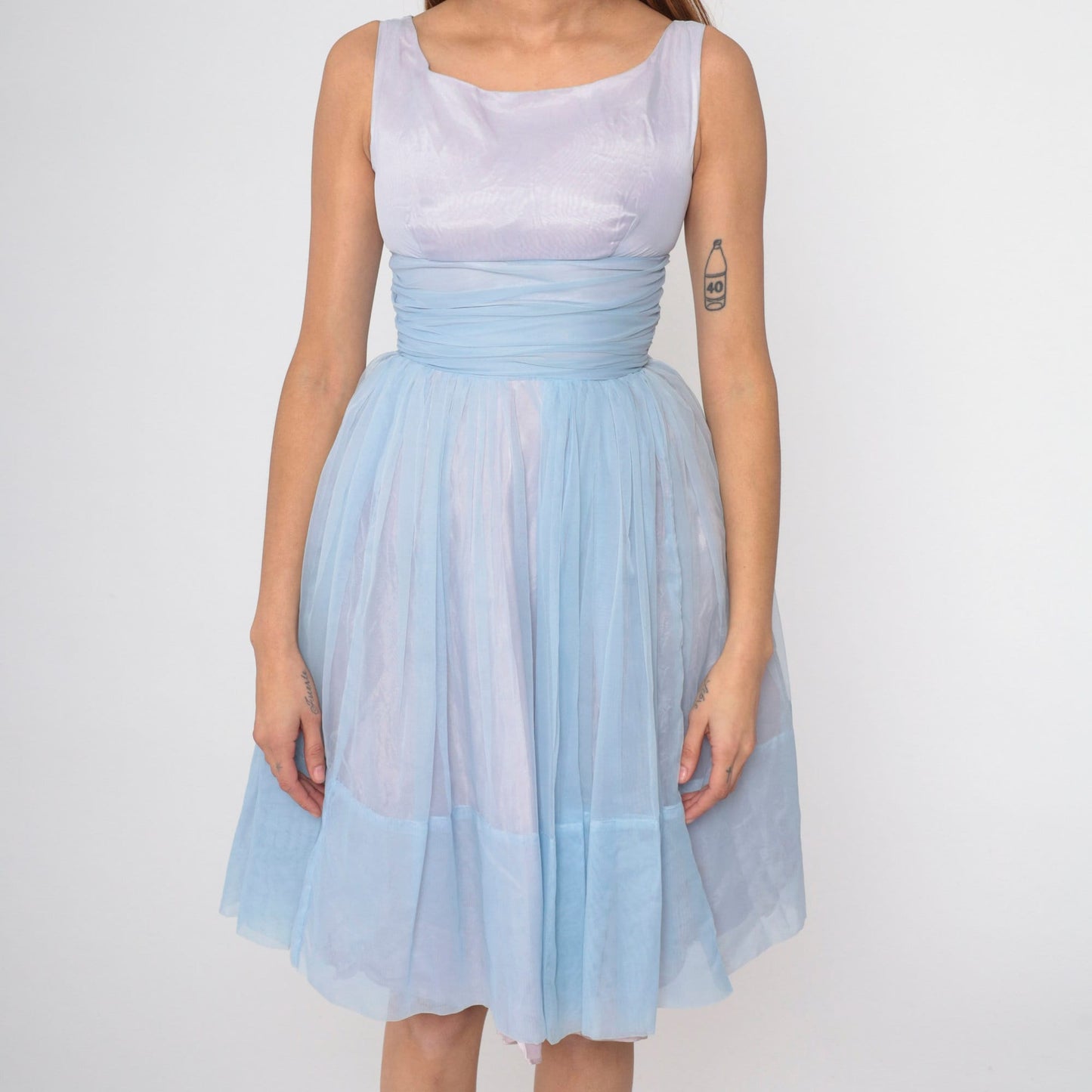 1960s Light Blue Chiffon Empire Waist Dress Knee Length Sleeveless XS