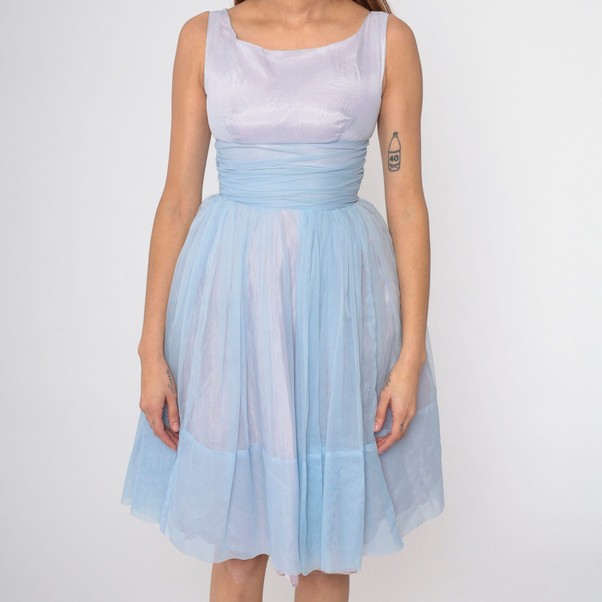 1960s Light Blue Chiffon Empire Waist Dress Knee Length Sleeveless XS