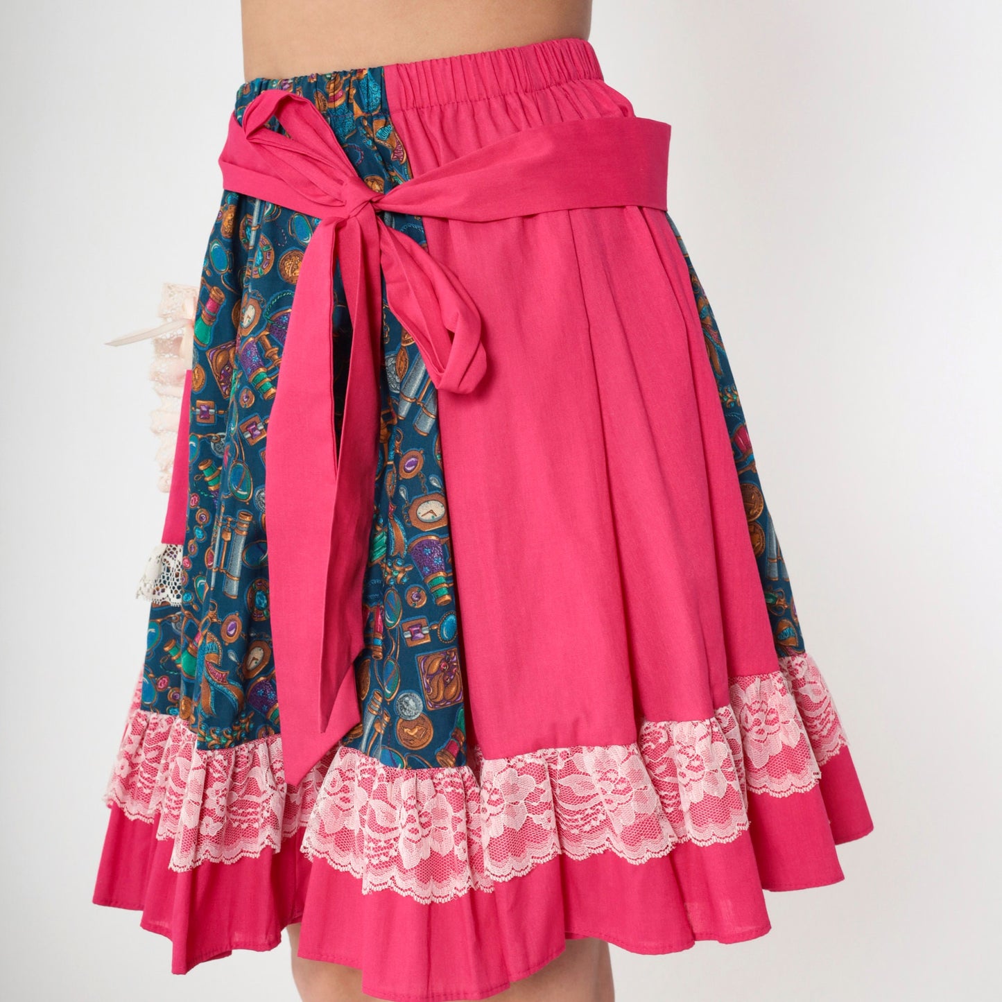 80s Patchwork Midi Skirt Pink Blue Binocular Print High-Waisted Lace Trim Medium