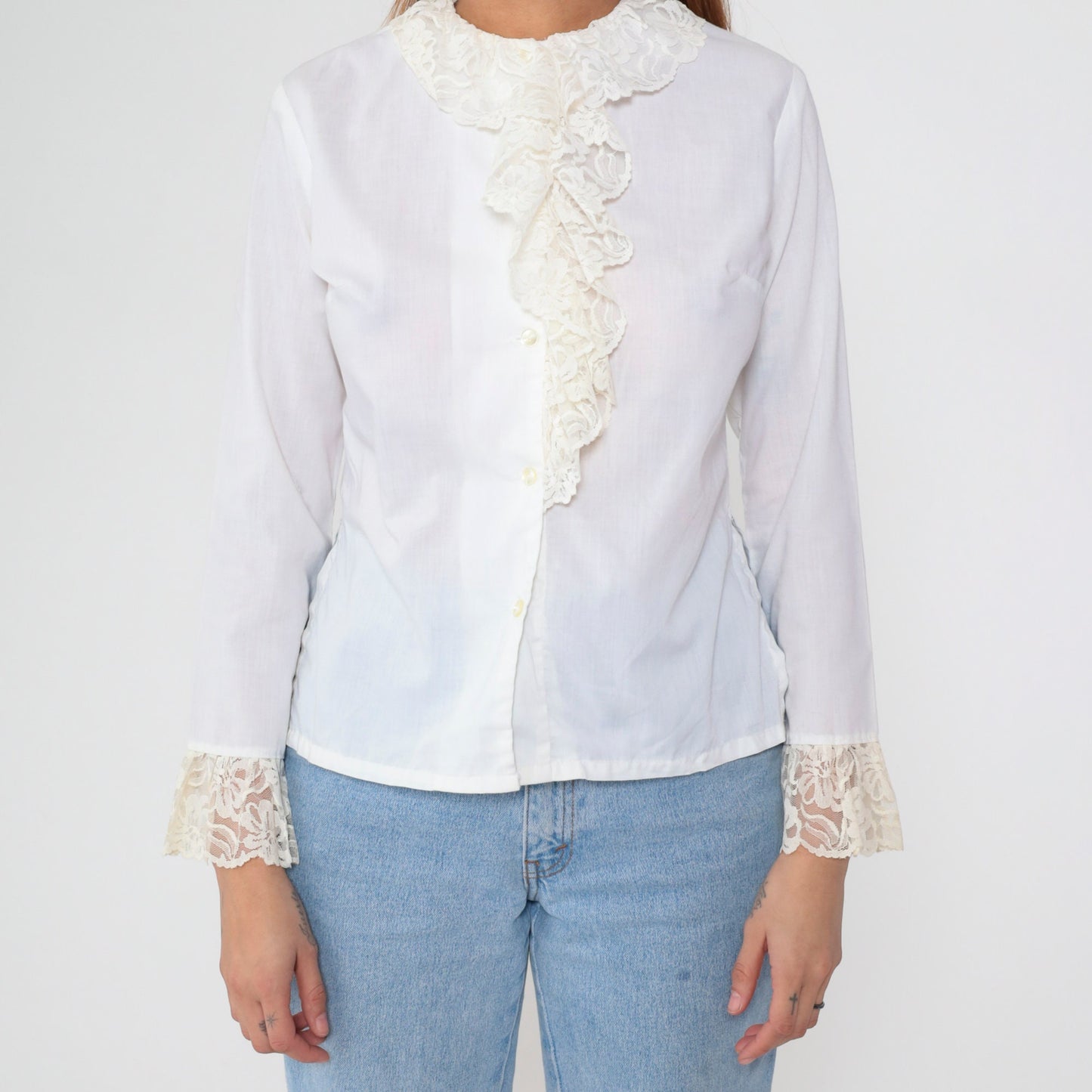70s White Lace Ruffled Blouse Button-Up Long Sleeve Tuxedo Shirt Medium