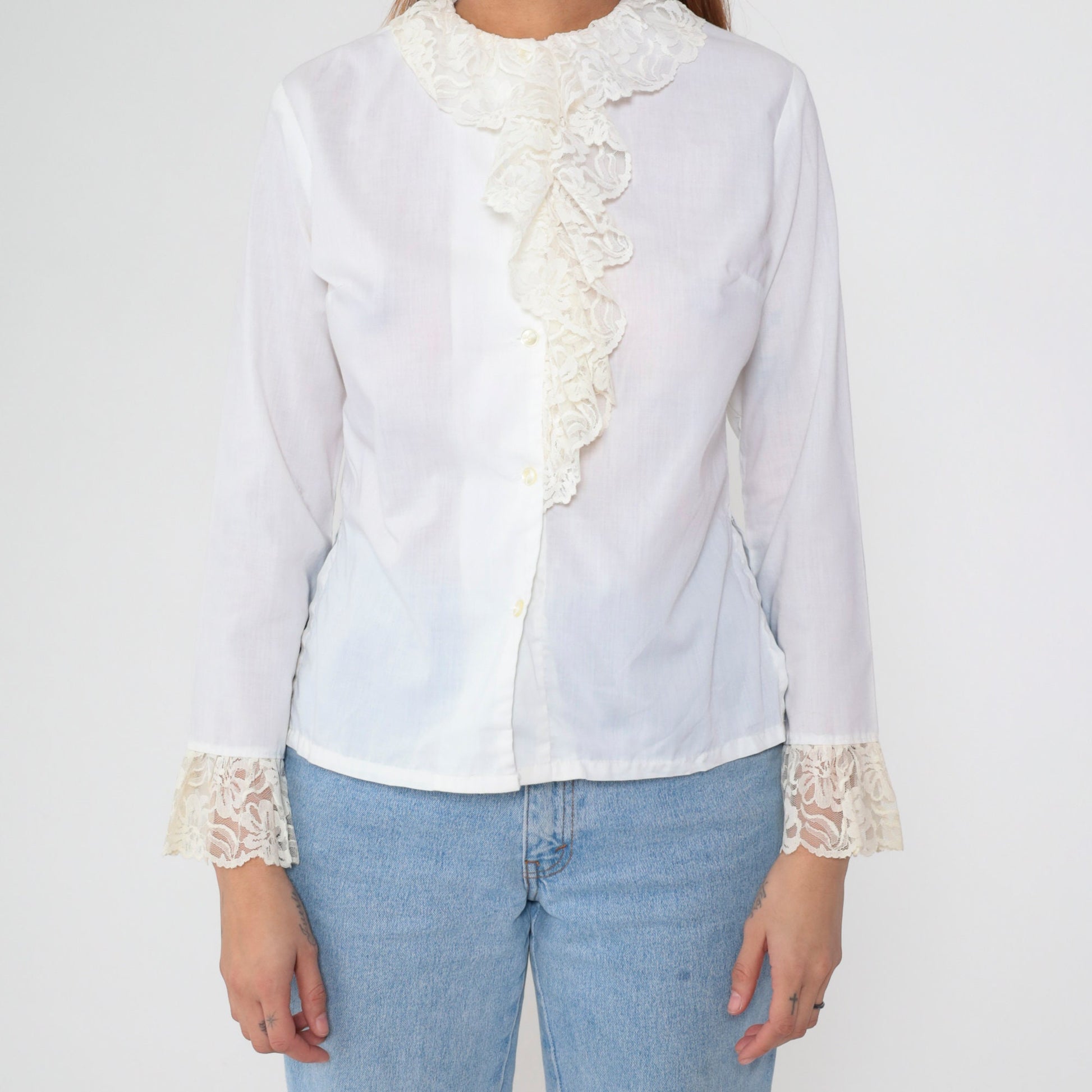 70s White Lace Ruffled Blouse Button-Up Long Sleeve Tuxedo Shirt Medium