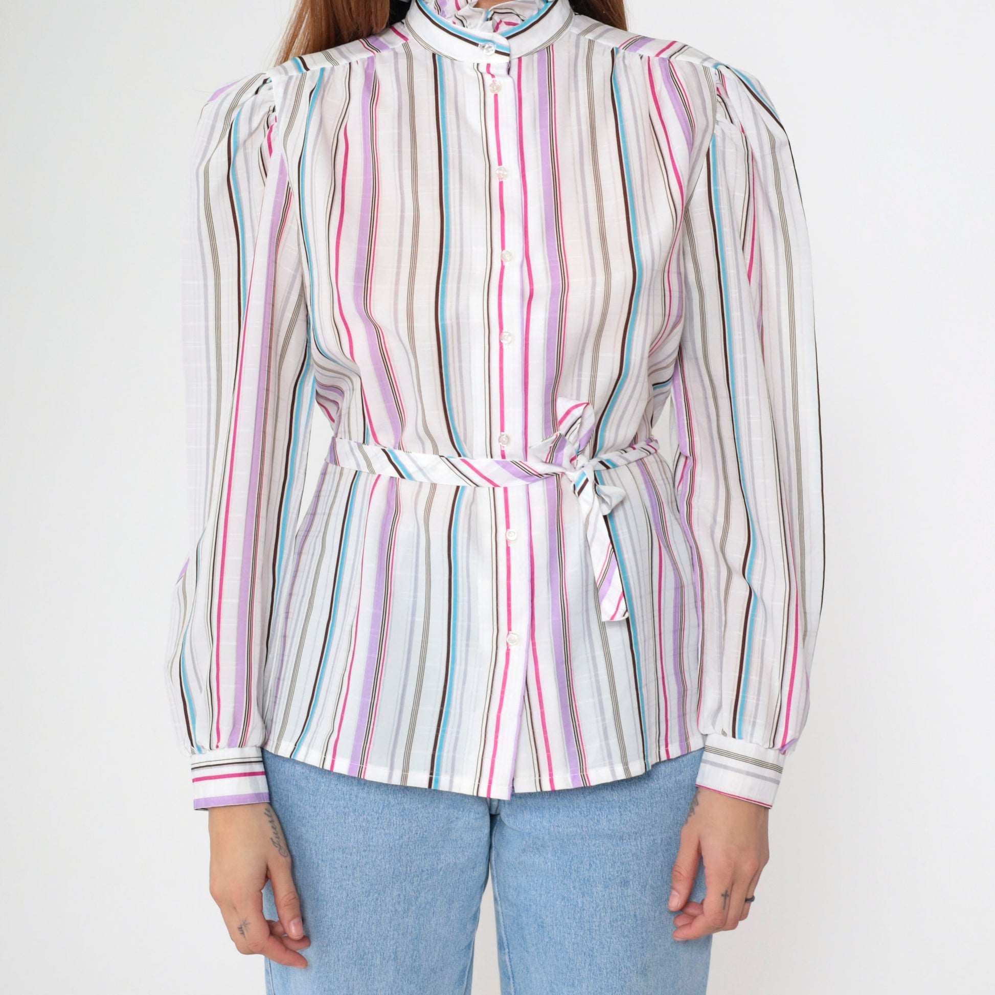 80s Jonquil Striped Button-Up Blouse Puff Sleeve Ruffle Collar Multicolor Large