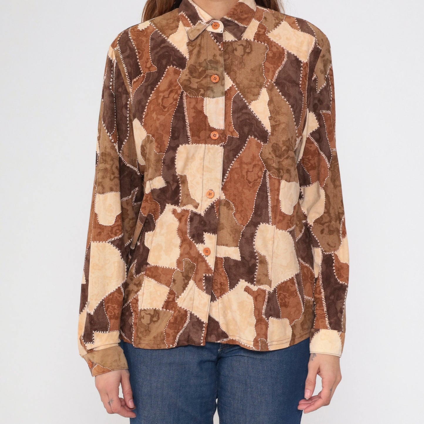 90s Brown Patchwork Button-Up Blouse Long Sleeve Collared Shirt Small S
