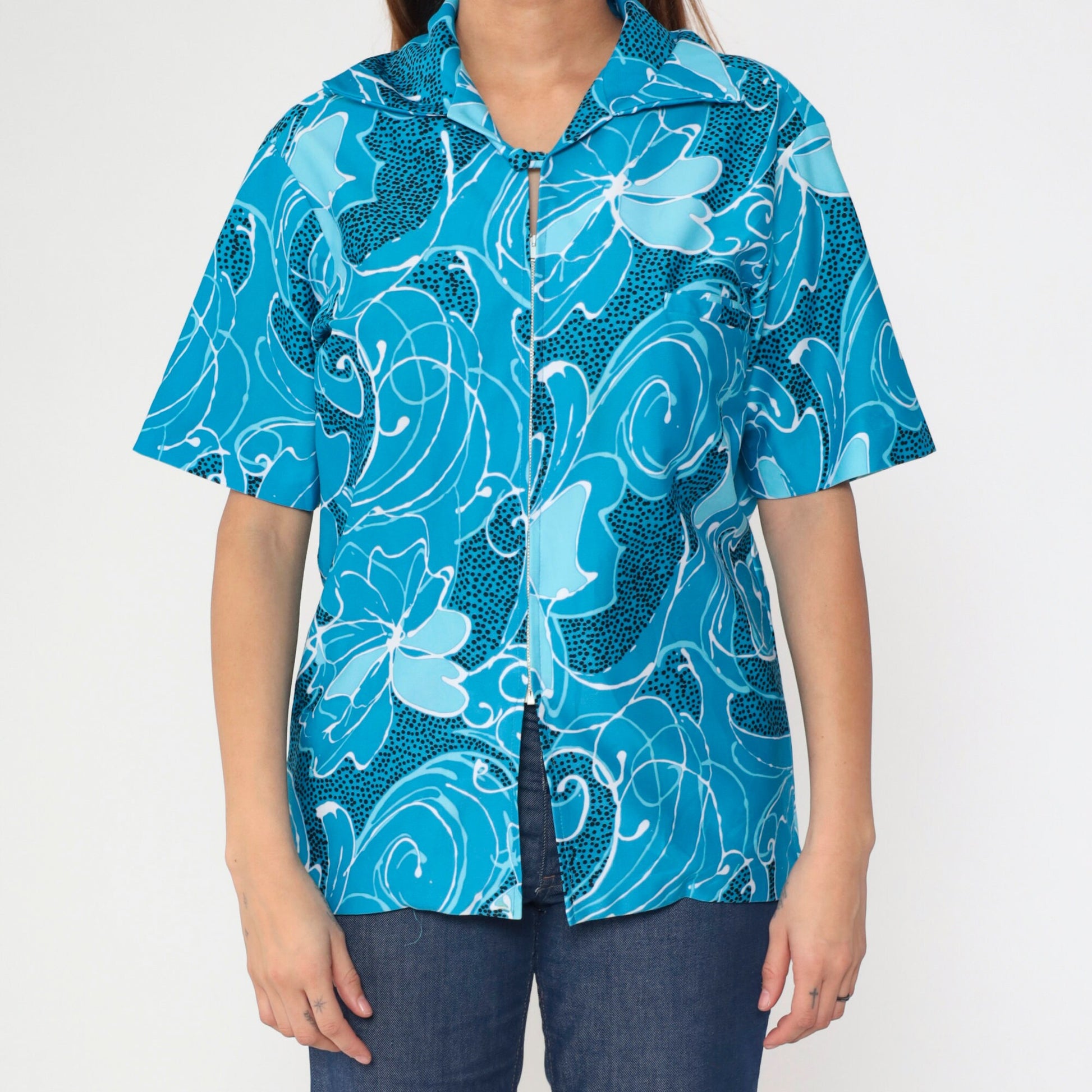 70s Blue Floral Abstract Zip-Up Blouse Short Sleeve Medium Large