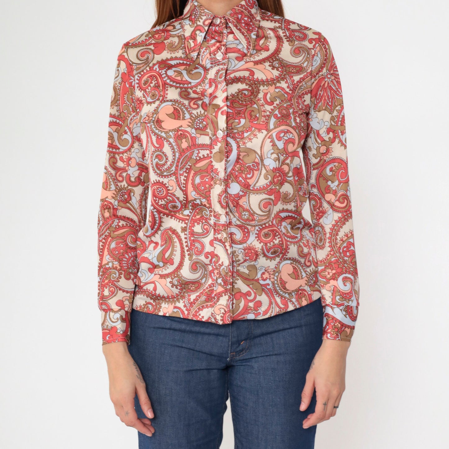 70s Paisley Dagger Collar Blouse Cream Coral Long Sleeve Button Up Small