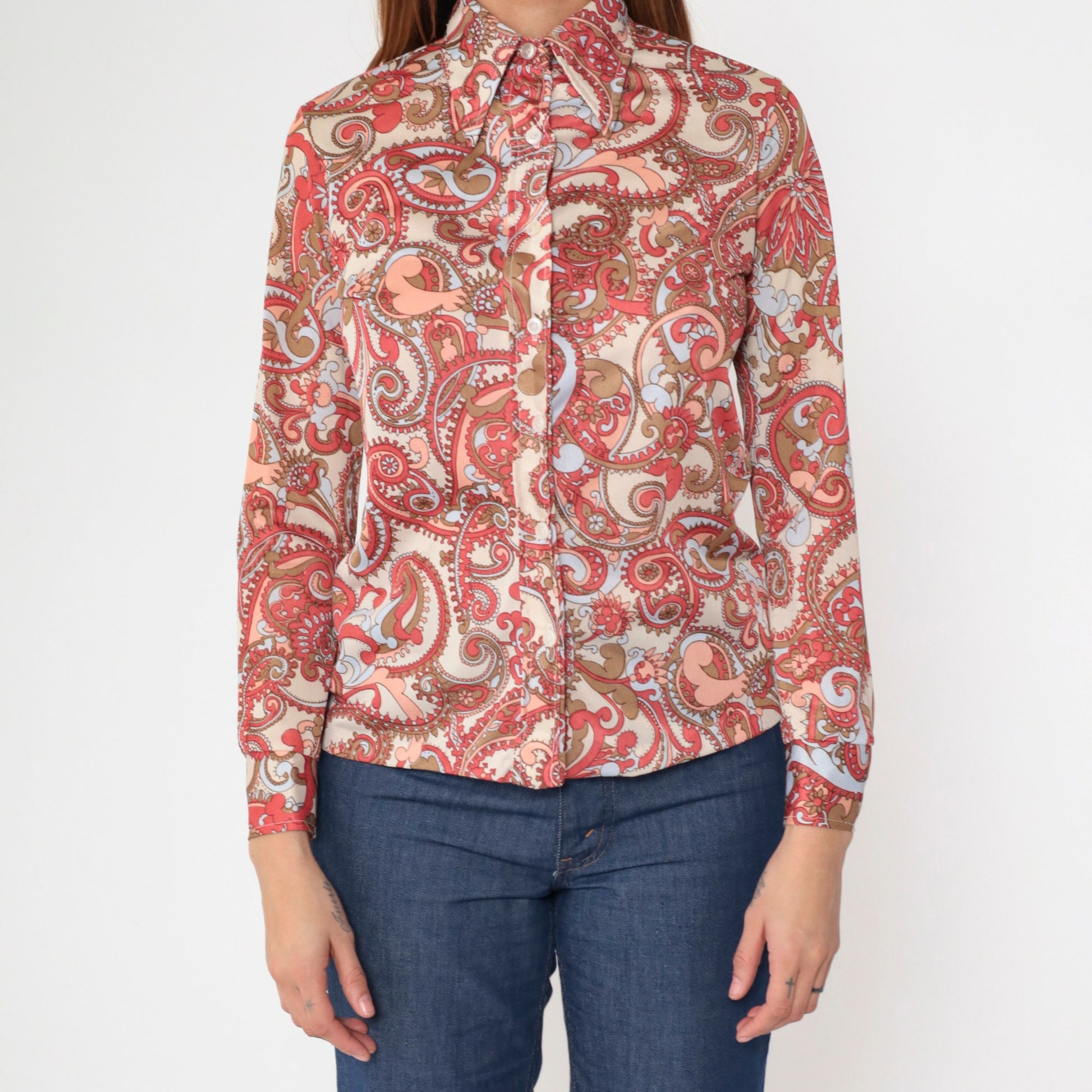 70s Paisley Dagger Collar Blouse Cream Coral Long Sleeve Button Up Small