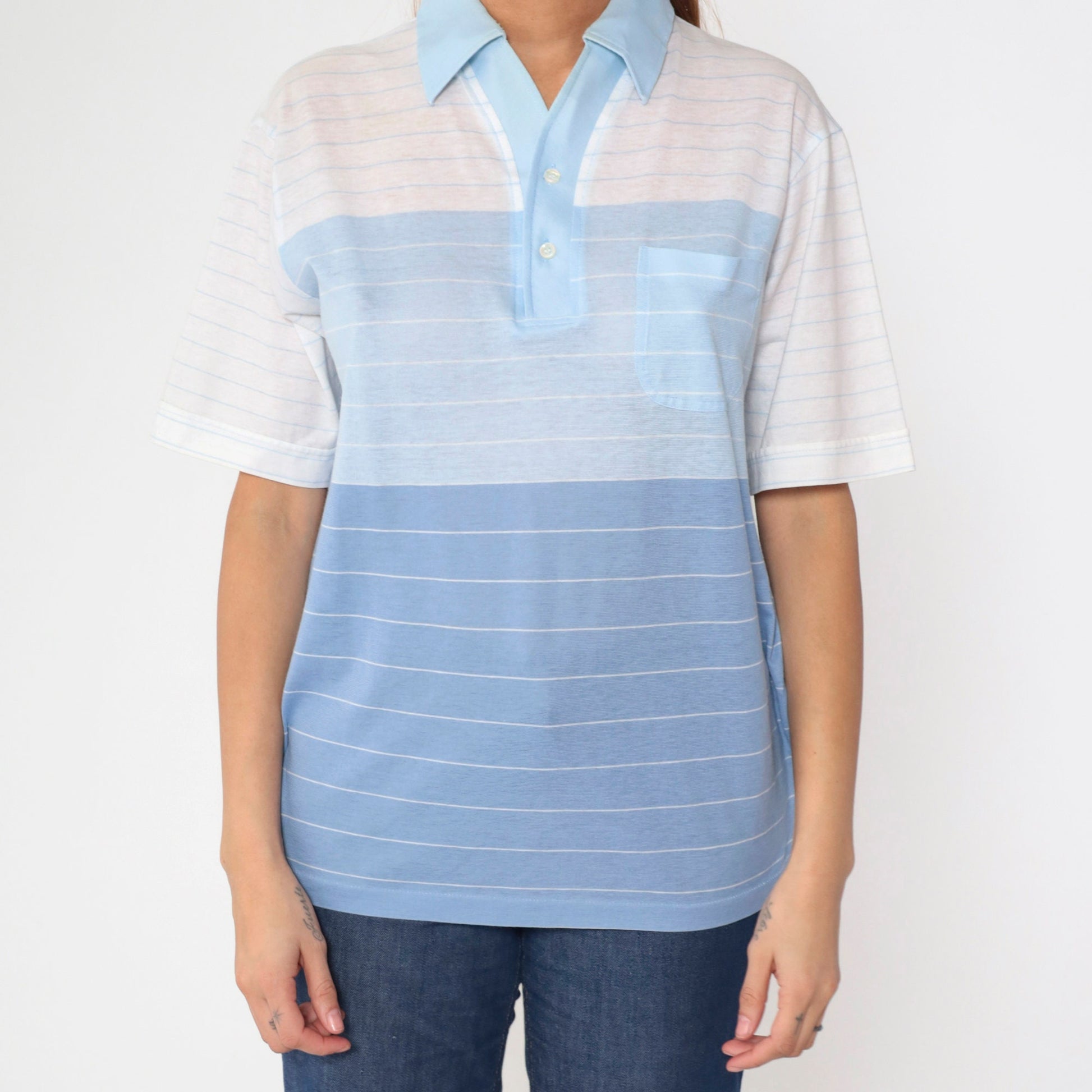 80s Arrow Tournament Striped Polo Shirt Blue White Half Button Medium