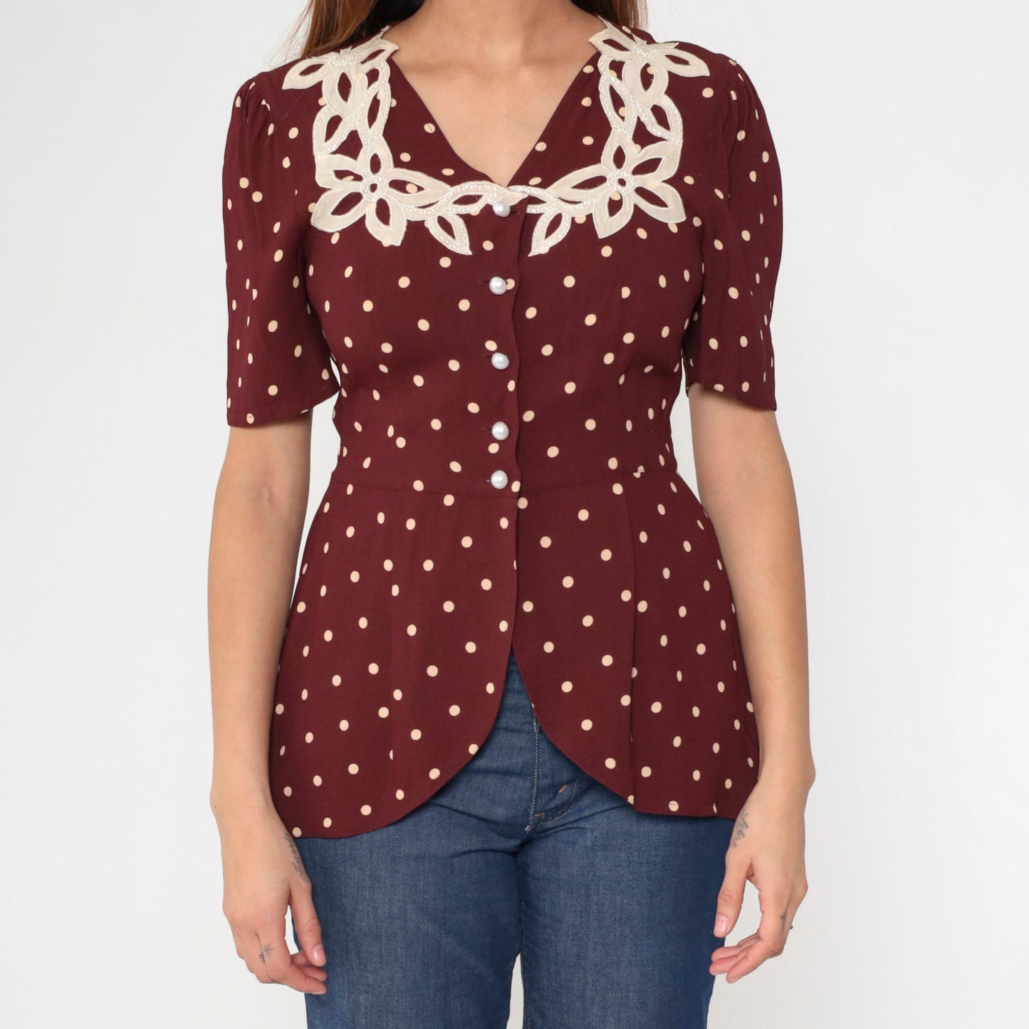 80s Maroon Polka Dot Beaded Floral Button-Up Blouse Puff Sleeve Small S