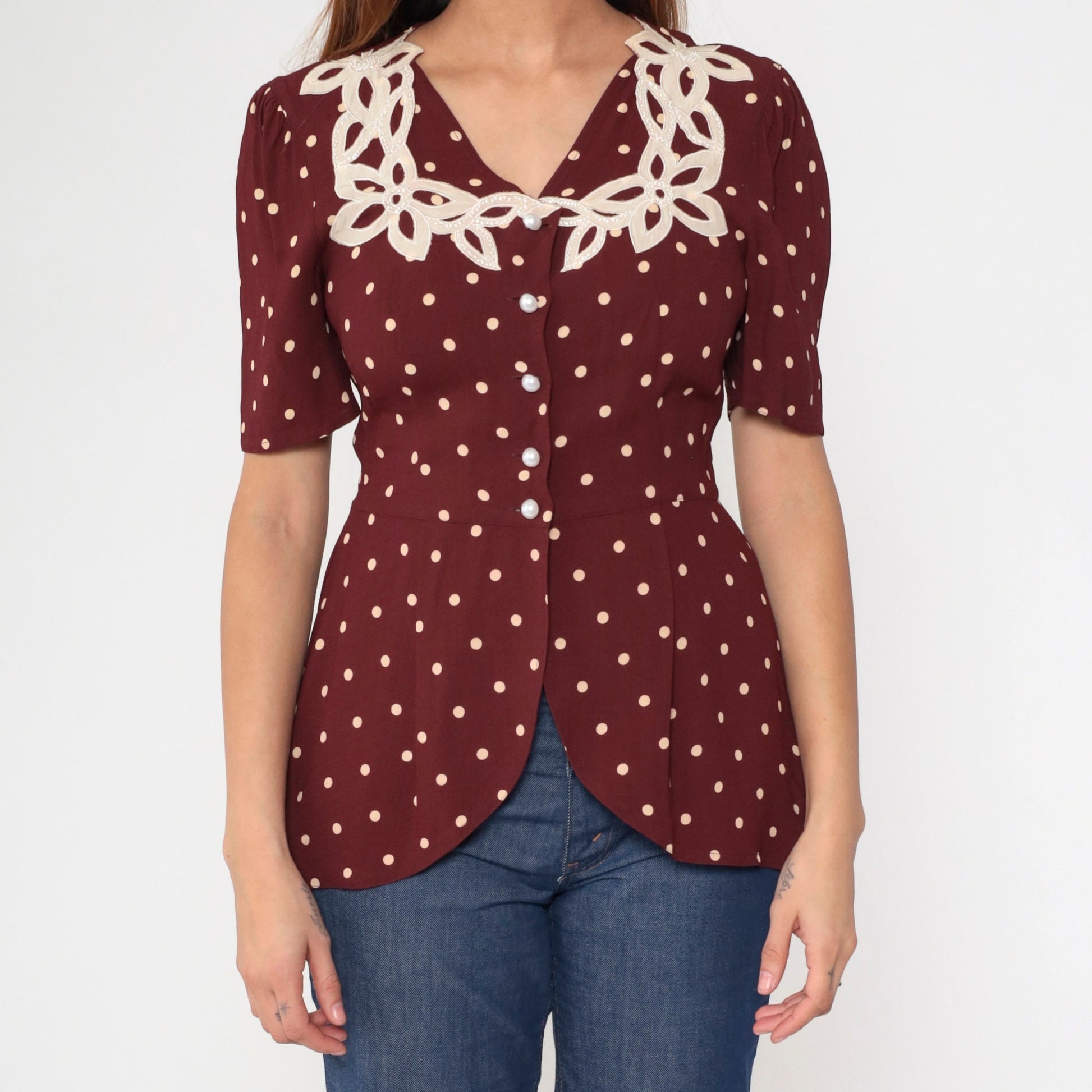 80s Maroon Polka Dot Beaded Floral Button-Up Blouse Puff Sleeve Small S