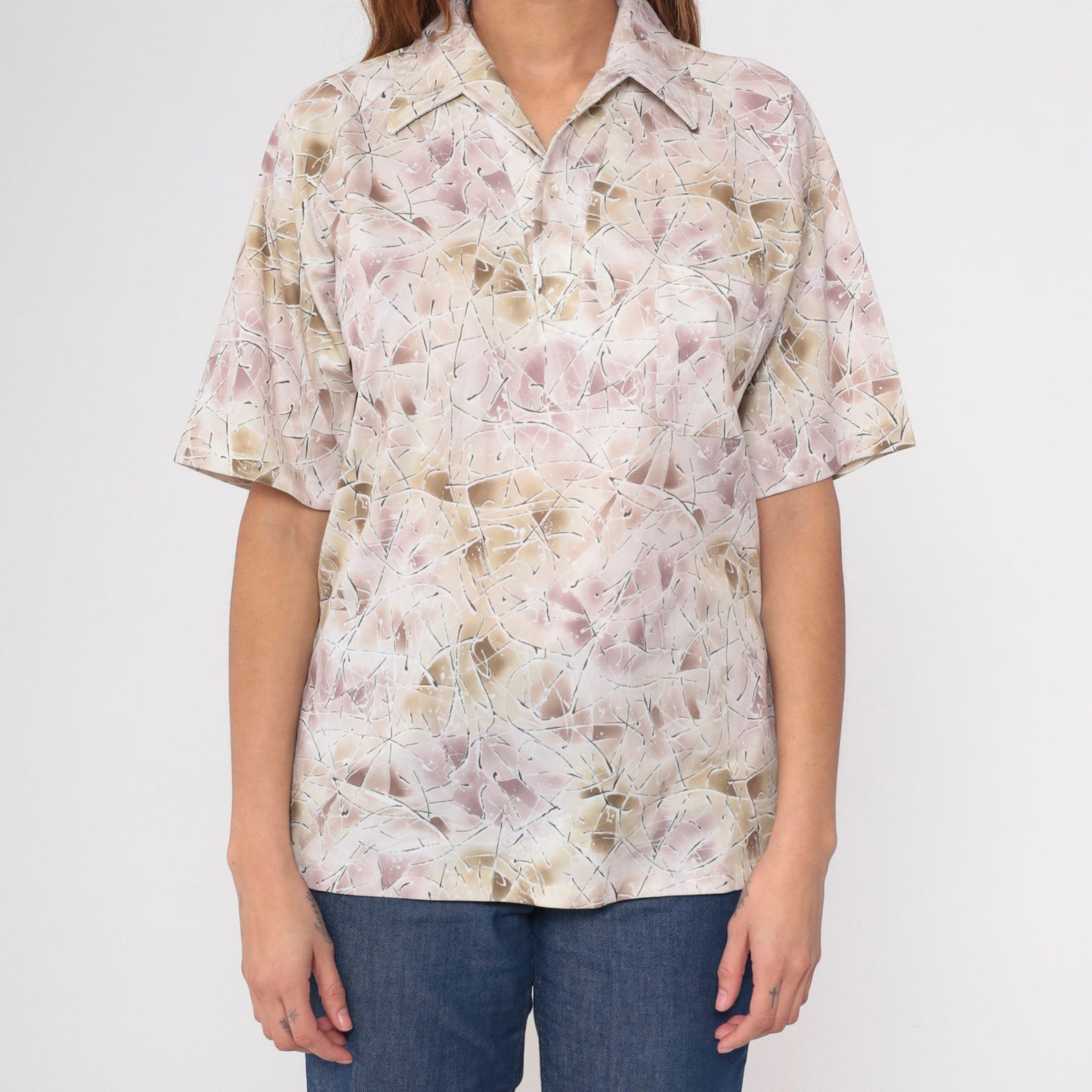 70s Lily Daché Abstract Geometric Print Button-Up Shirt Purple Brown Medium
