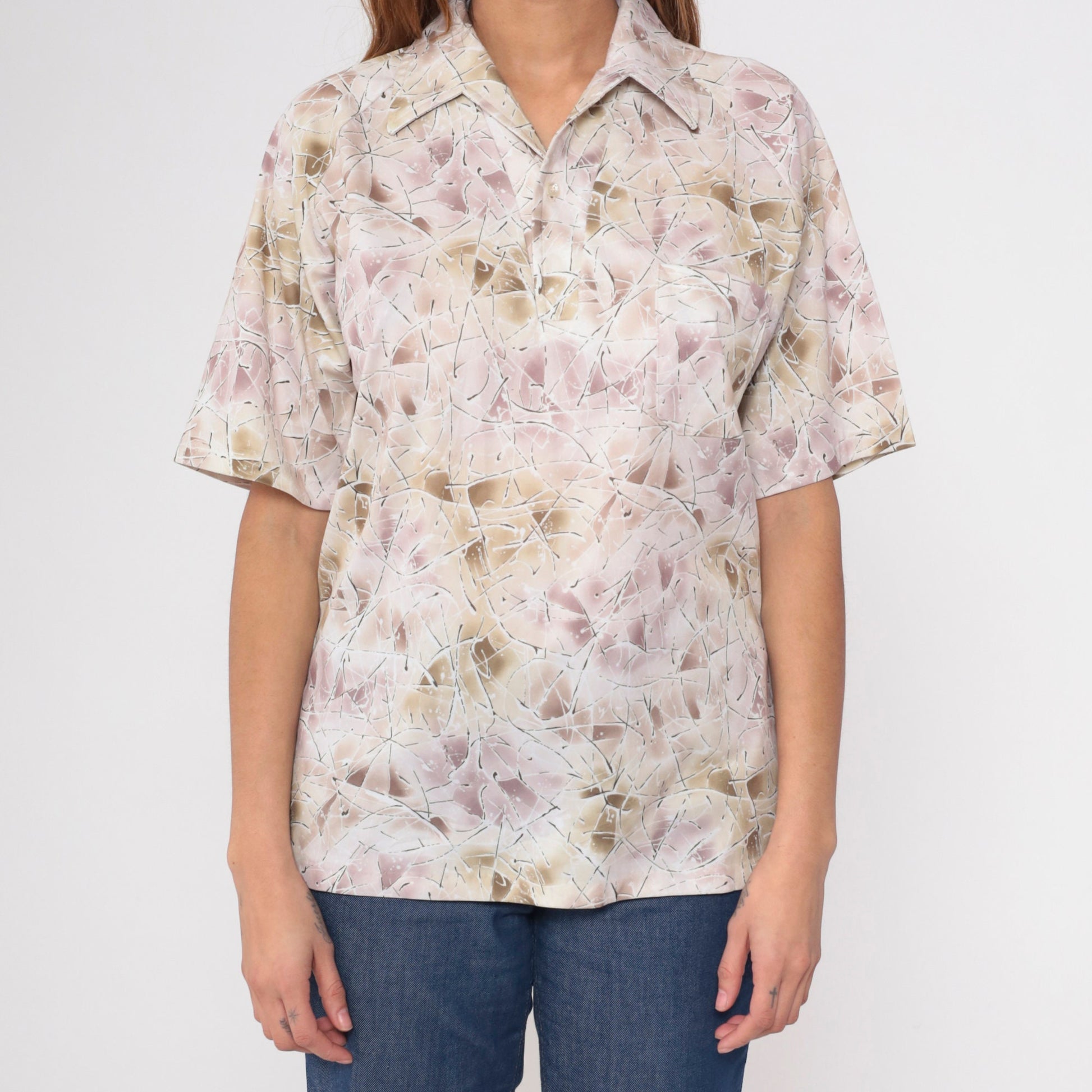 70s Lily Daché Abstract Geometric Print Button-Up Shirt Purple Brown Medium