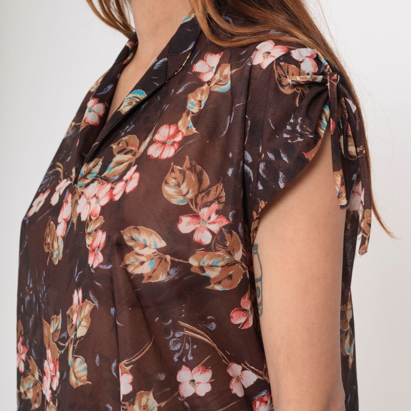 70s Sheer Floral Blouse Tie Sleeve V Neck Brown Pink Shirt Medium Large