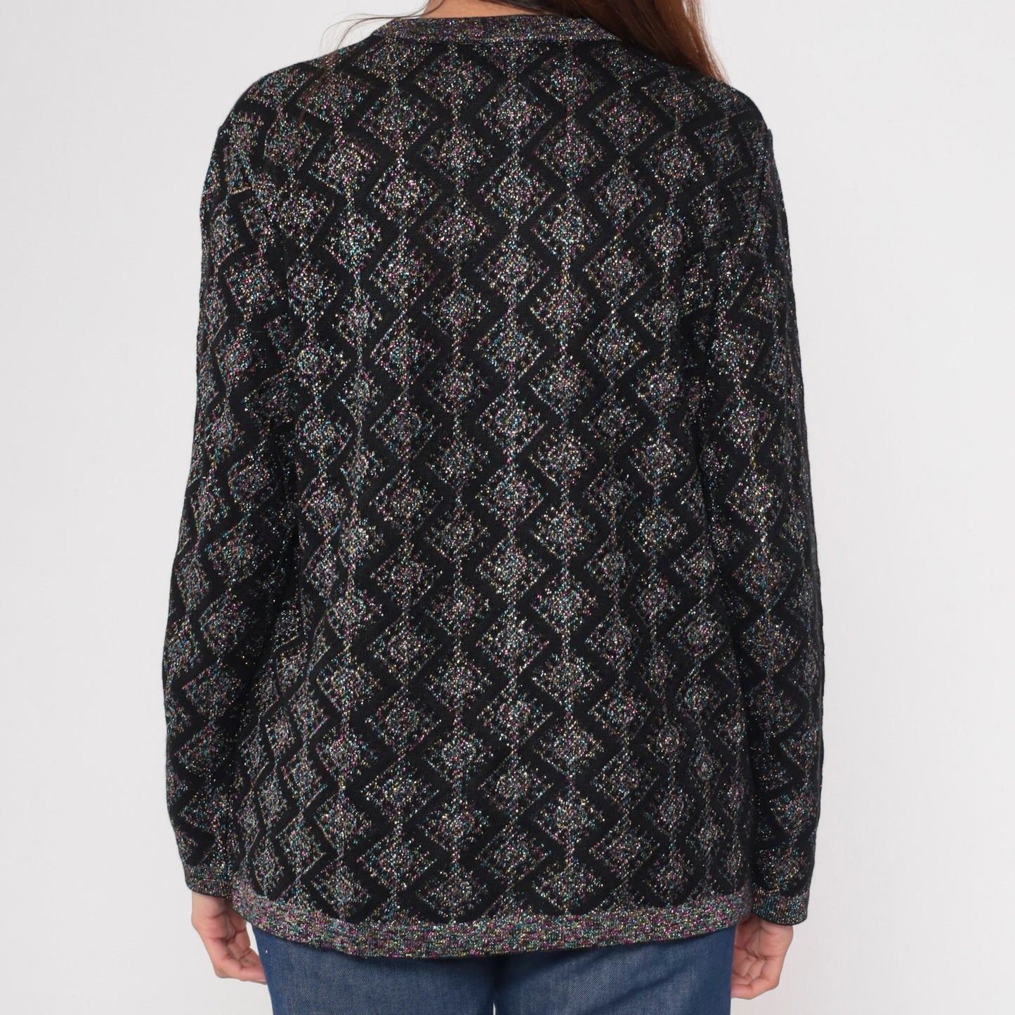 80s Metallic Geometric Sweater Black Pink Blue Lurex Knit Crewneck Medium