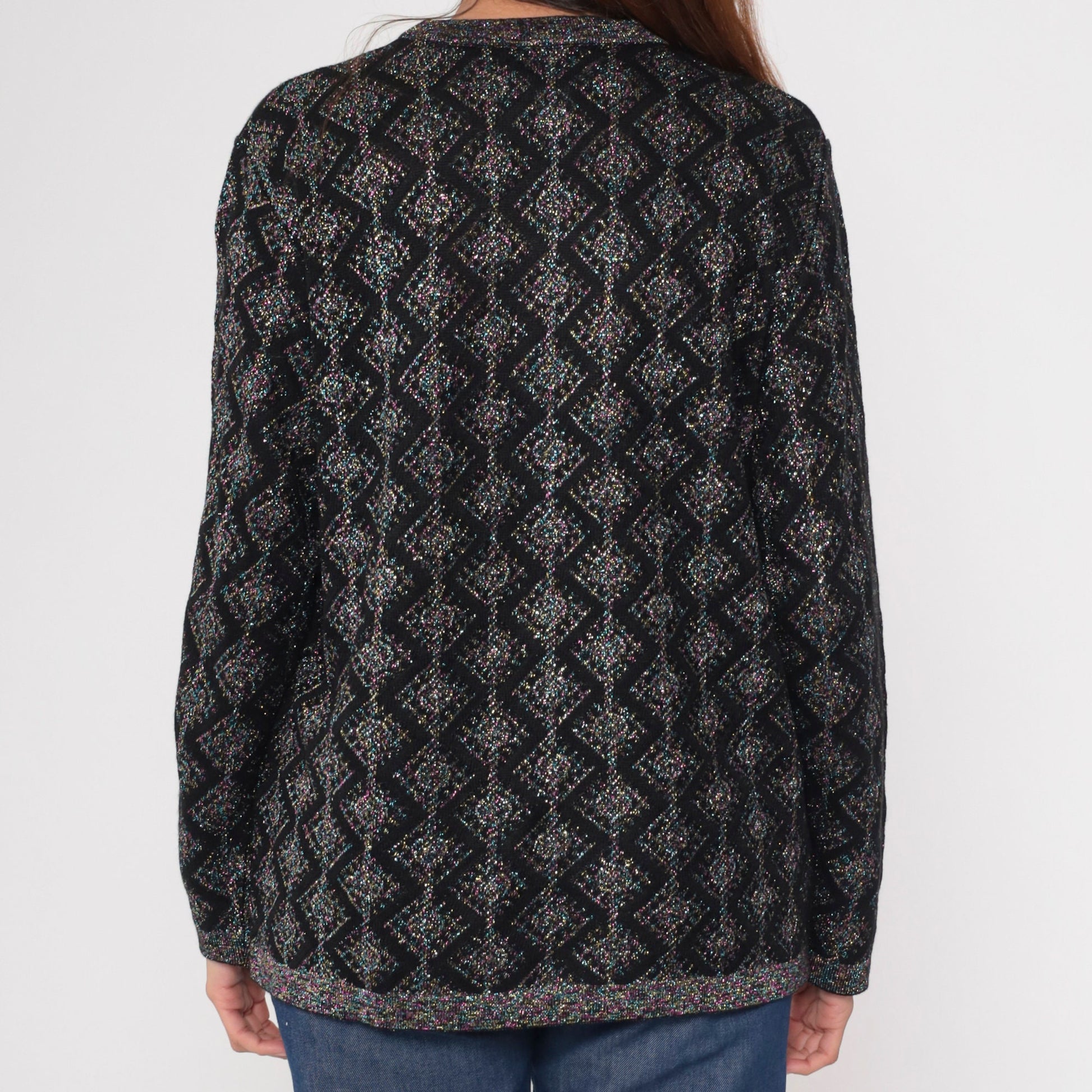 80s Metallic Geometric Sweater Black Pink Blue Lurex Knit Crewneck Medium
