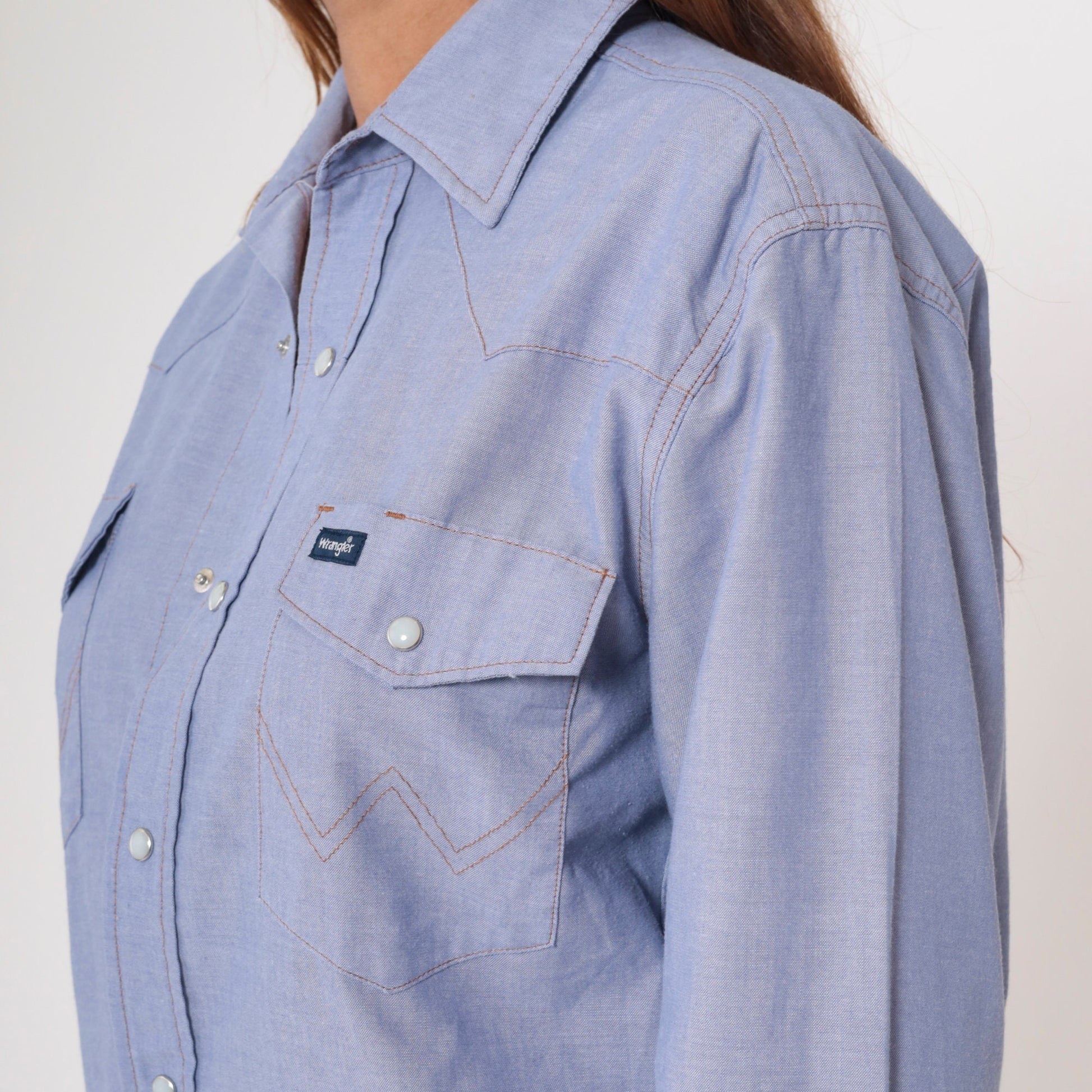 90s Wrangler Chambray Pearl Snap Shirt Blue Denim Long Sleeve Medium