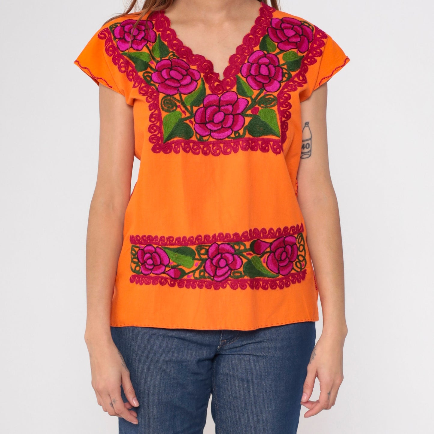 90s Orange Floral Mexican Embroidered Blouse Short Sleeve Cotton Tunic Medium