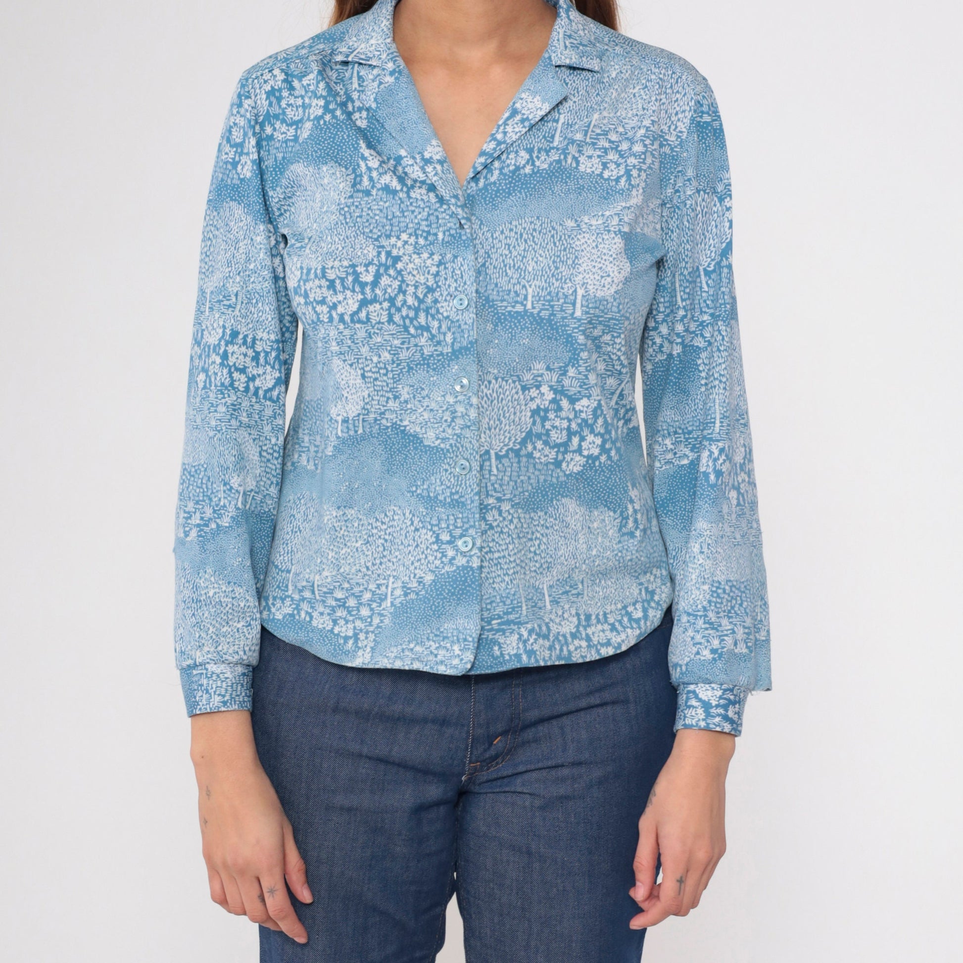 70s Alex Coman Sportswear Tree Floral Print Button-Up Blouse Blue Medium