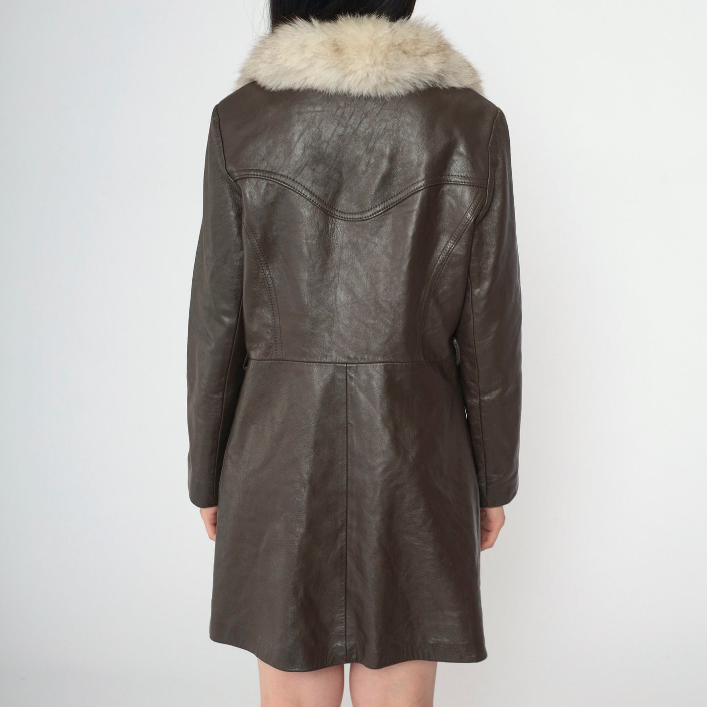 70s Brown Leather Jacket Fur Collar Button-Up Tailored Small S