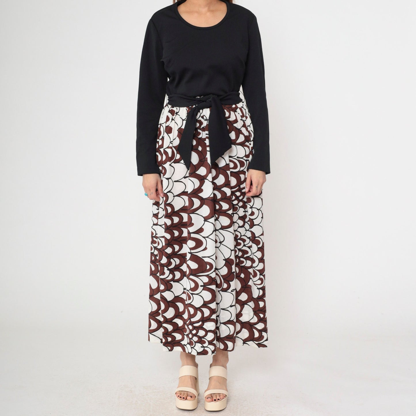 70s Psychedelic Brown White Maxi Dress A-Line High Waist Long Sleeve Large L