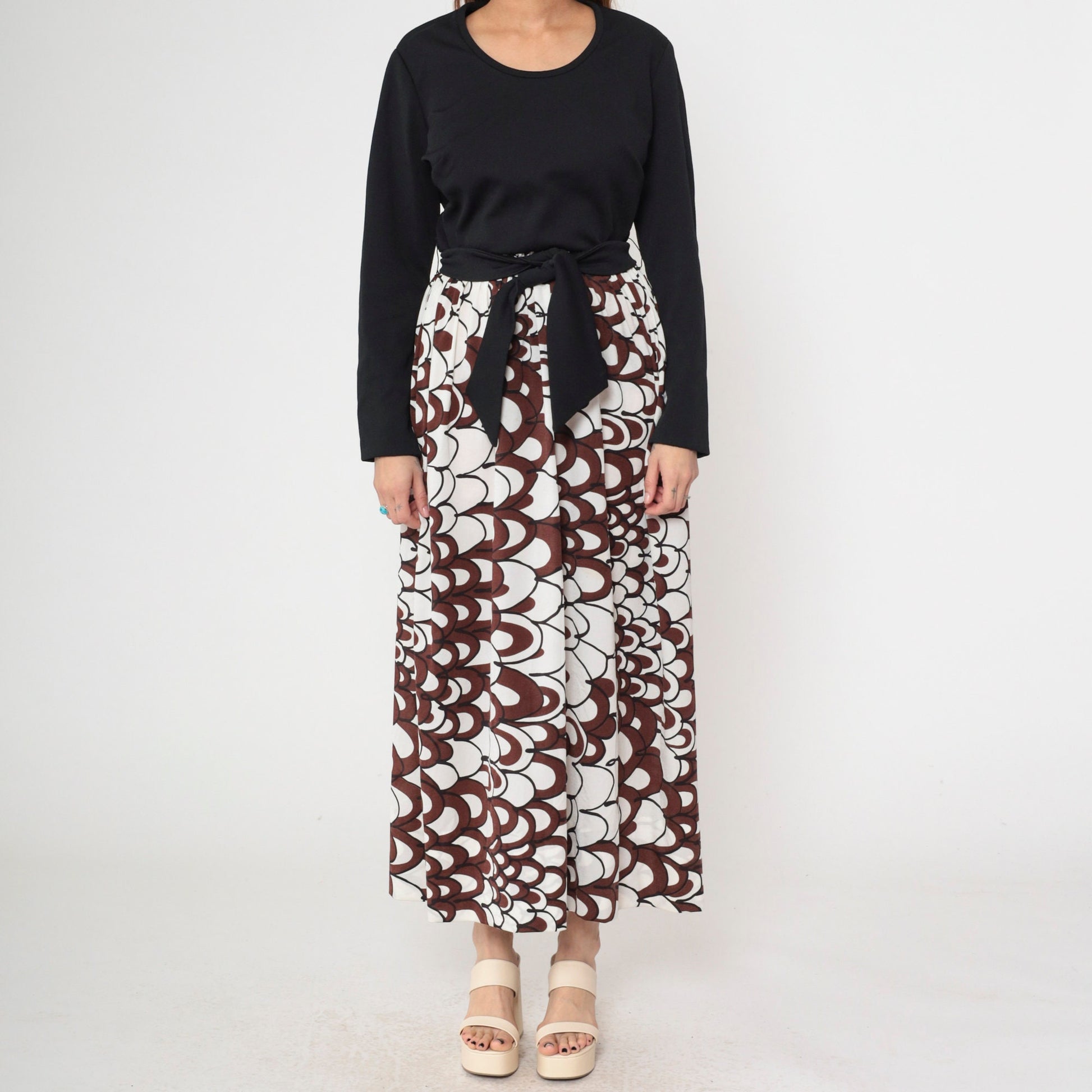 70s Psychedelic Brown White Maxi Dress A-Line High Waist Long Sleeve Large L