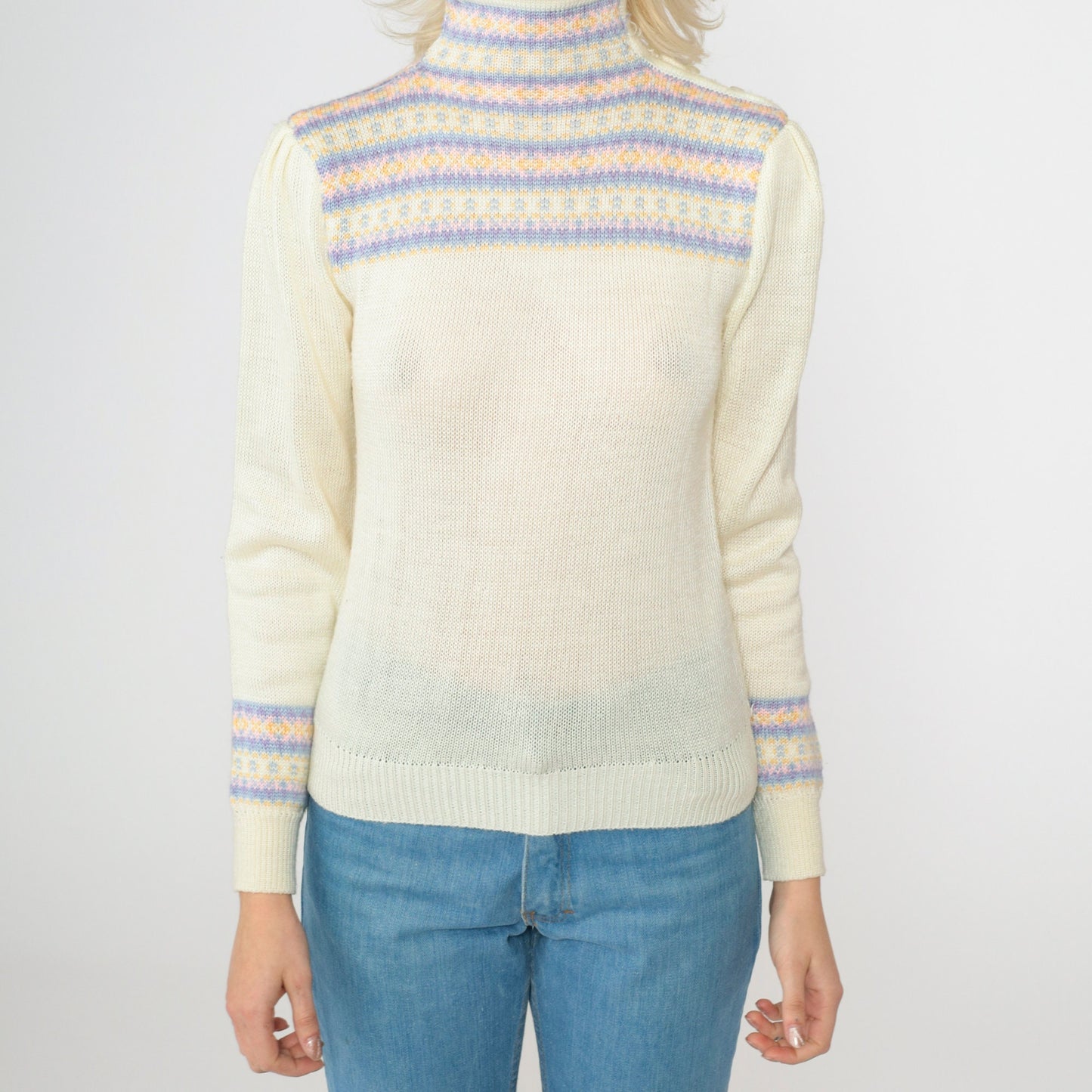 80s Fair Isle Sweater Ivory Puff Sleeve High Neck Knit Pullover Extra Small