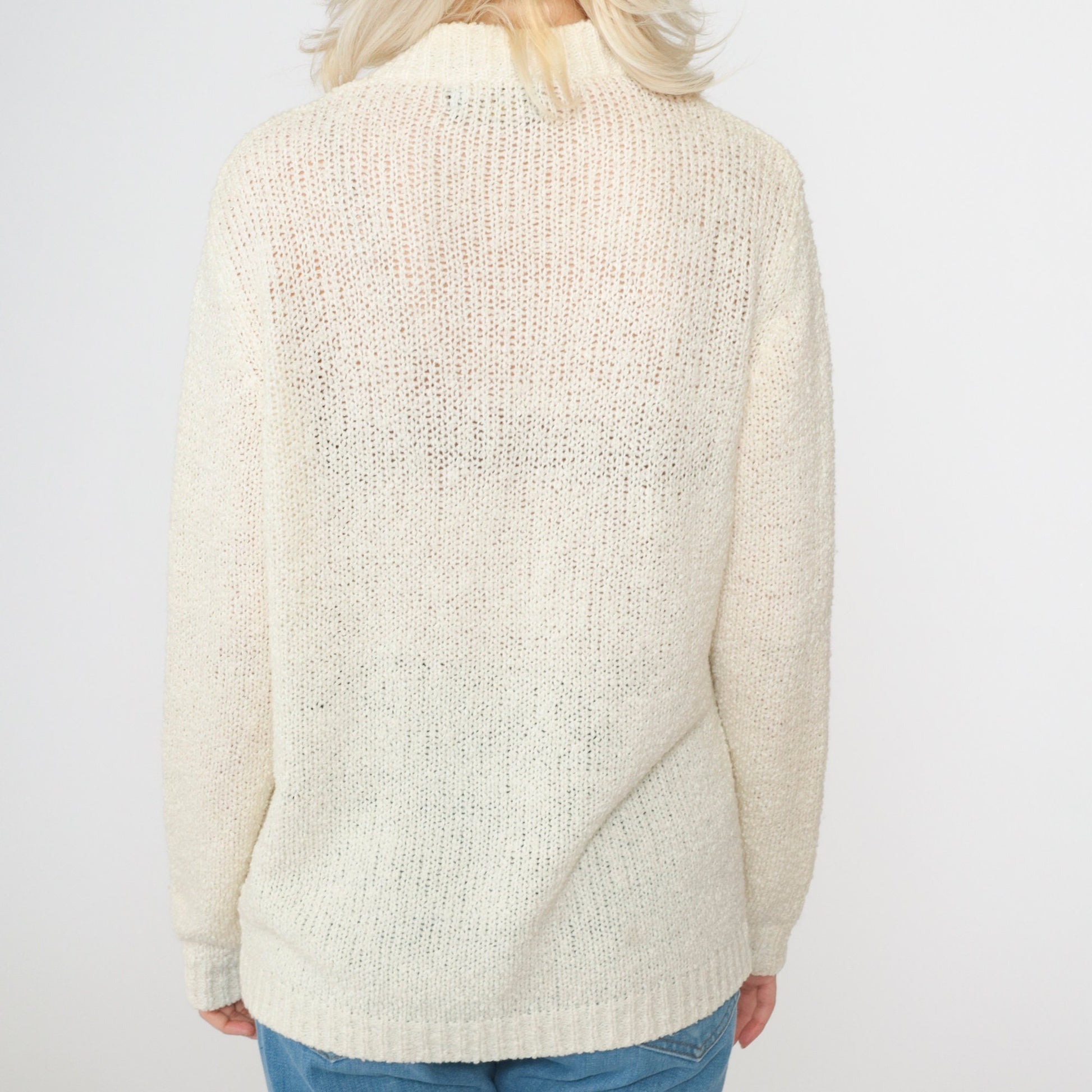 70s Le Roy Knitwear Cream Cardigan Knit Sweater Open Front Pockets Large L