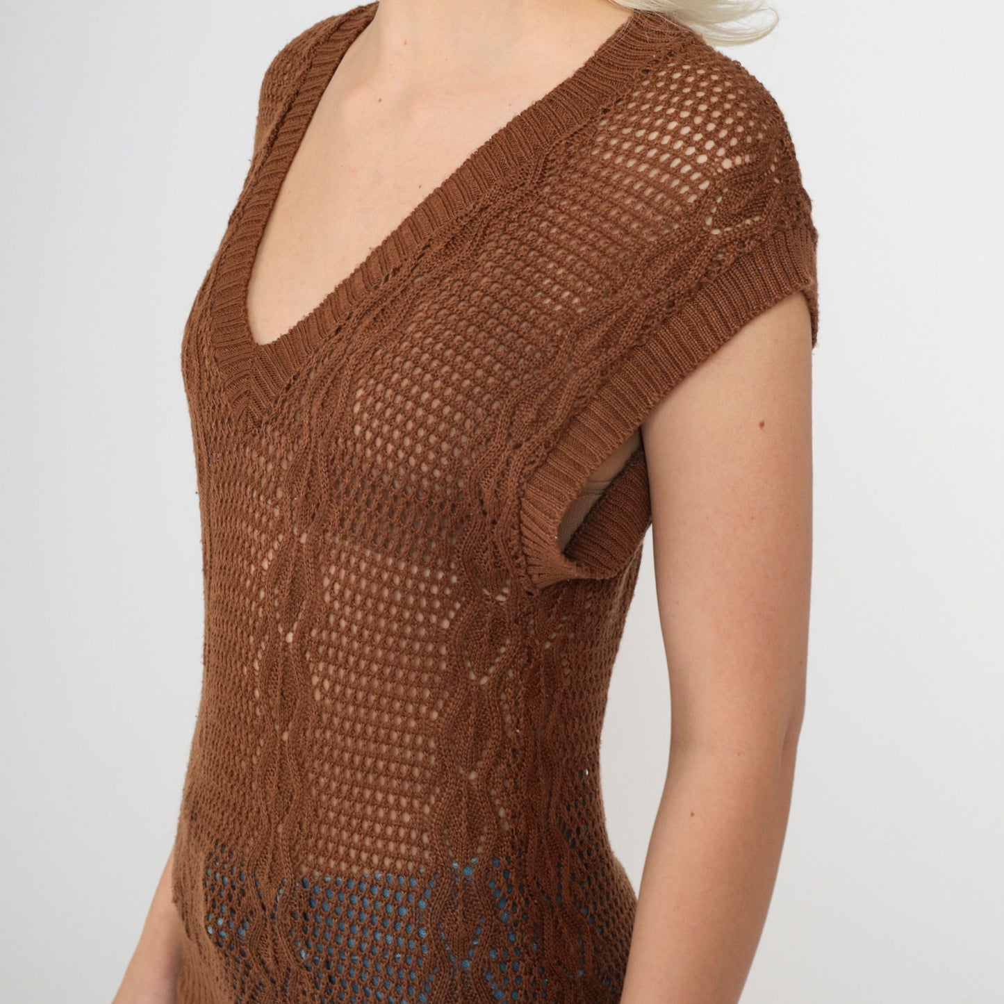 80s Brown Sheer Knit Sweater Vest V-Neck Cap Sleeve Extra Small