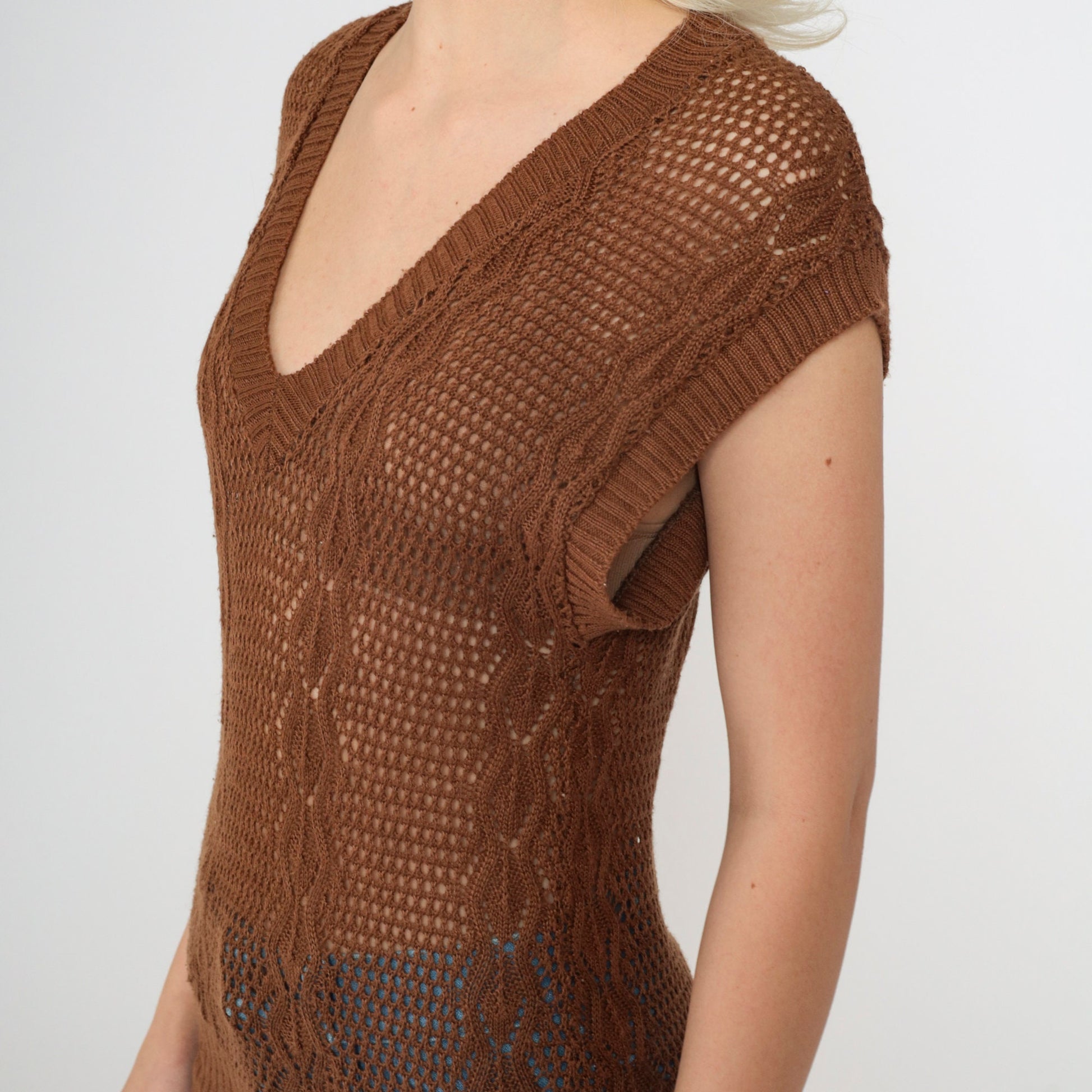 80s Brown Sheer Knit Sweater Vest V-Neck Cap Sleeve Extra Small