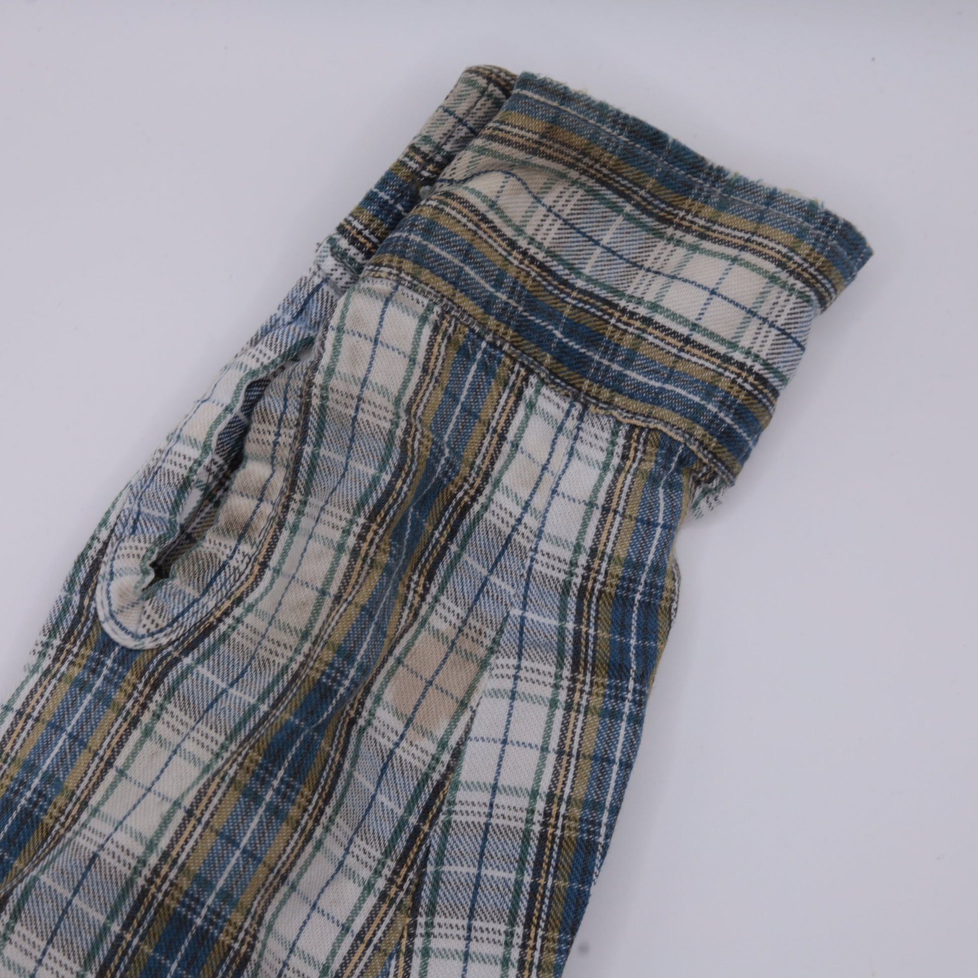 70s/80s Plaid Cotton Button-Up Blouse White Blue Yellow Checkered Long Sleeve Medium