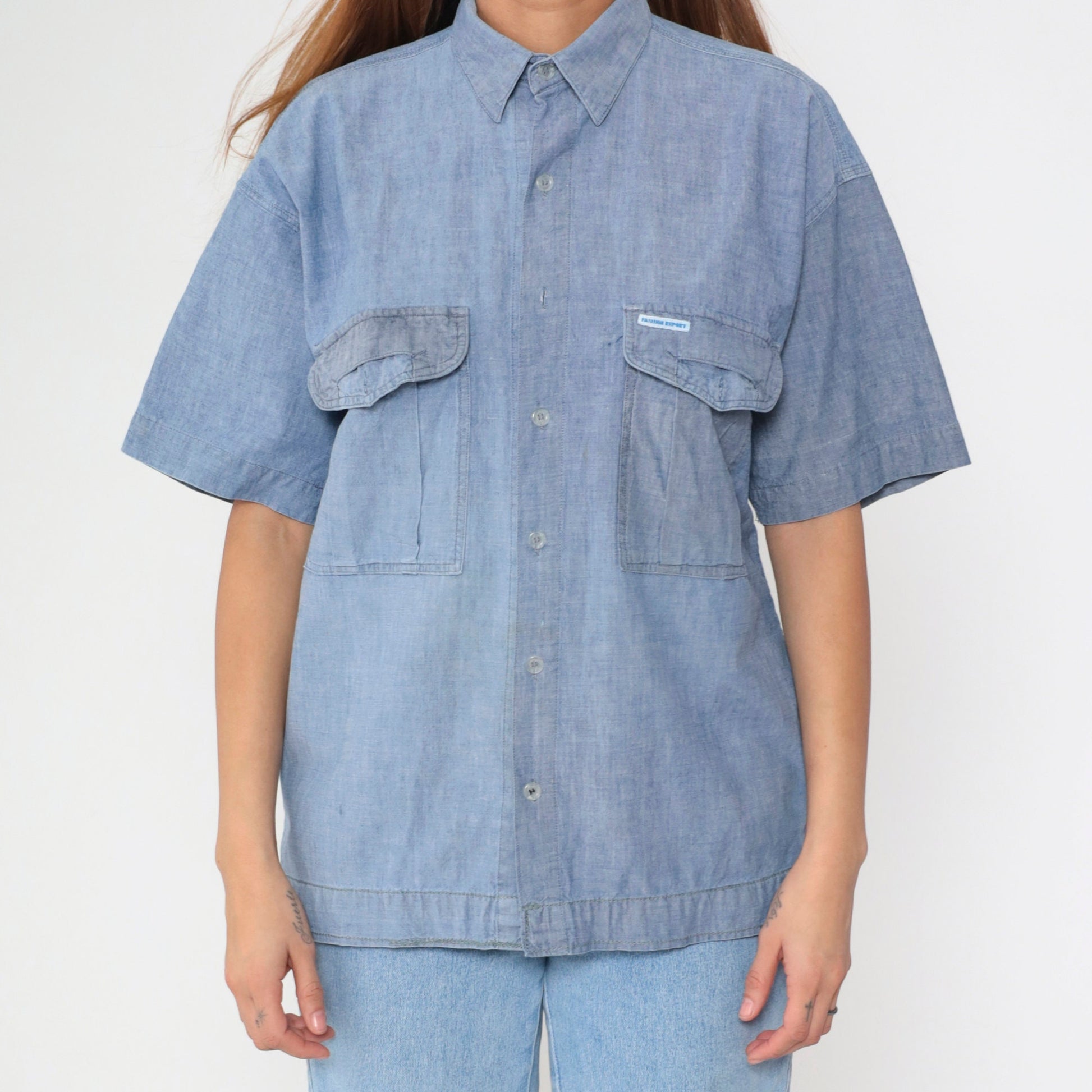 90s Blue Chambray Button-Up Shirt Short Sleeve Denim Oxford Medium