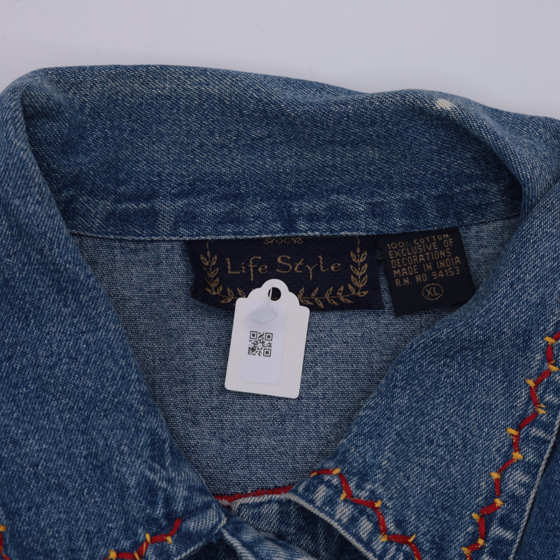 90s Floral Embroidered Denim Jacket Shisha Mirror Work Blue Cotton Extra Large