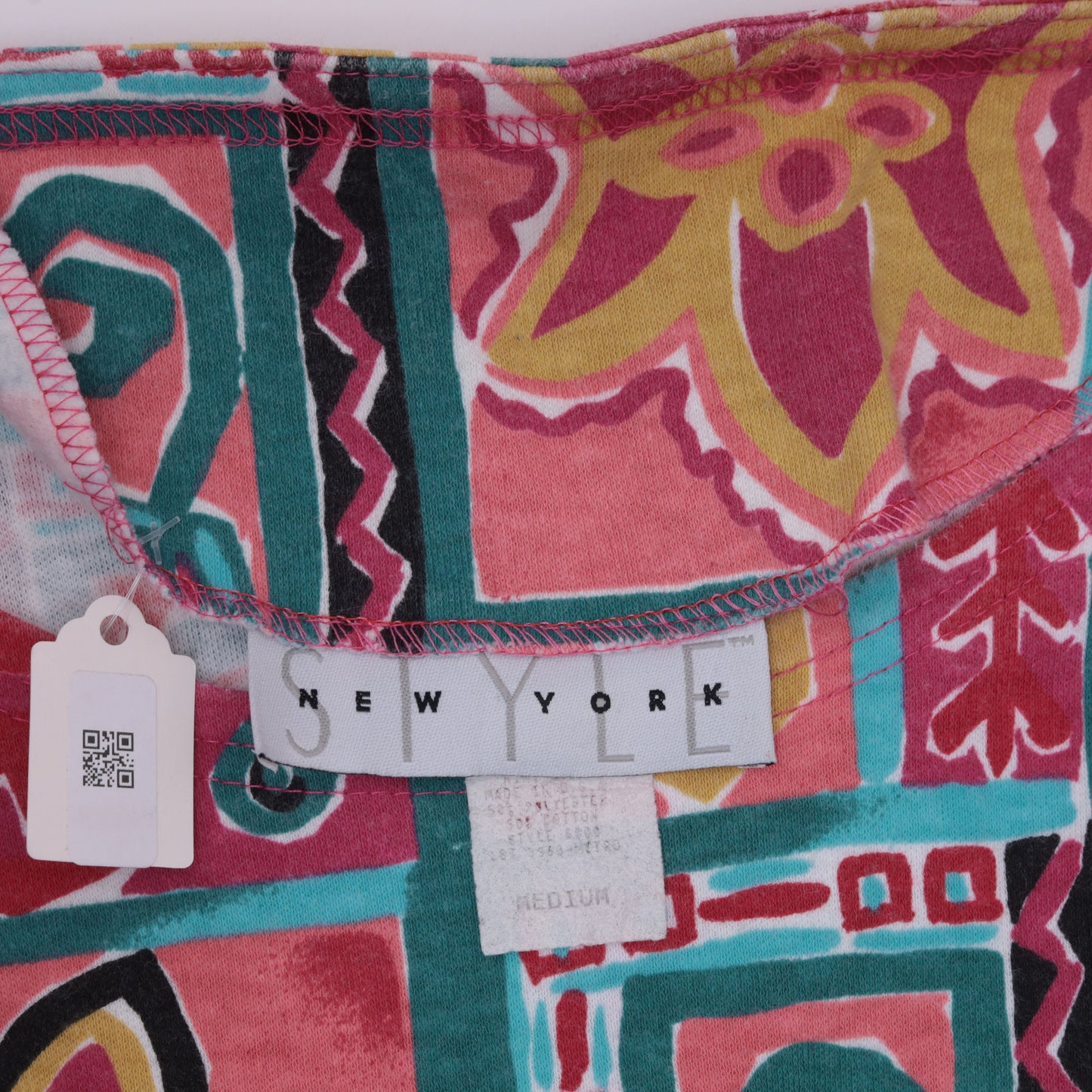 90s Geometric Floral T-Shirt Pink Teal Cotton Blend Medium