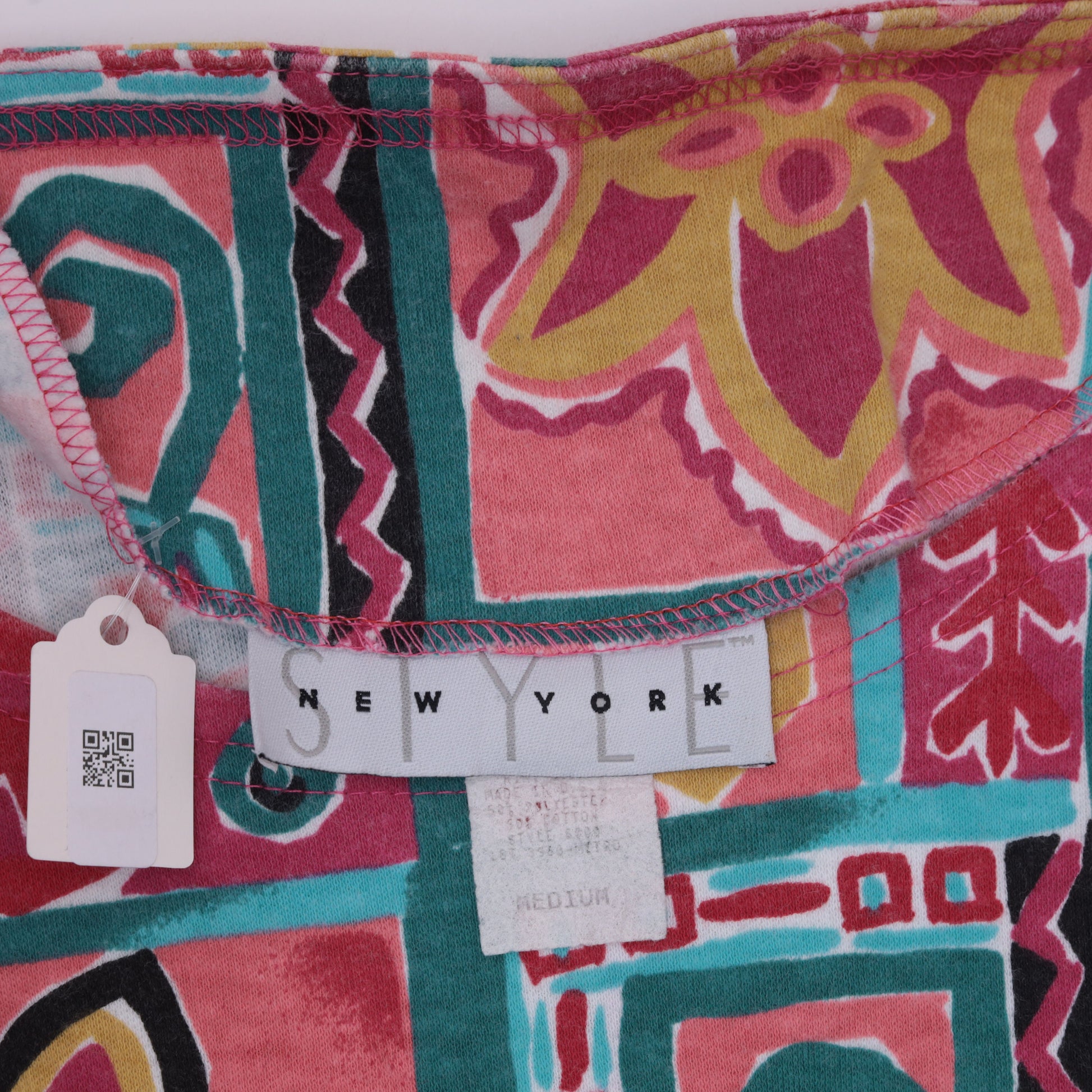 90s Geometric Floral T-Shirt Pink Teal Cotton Blend Medium