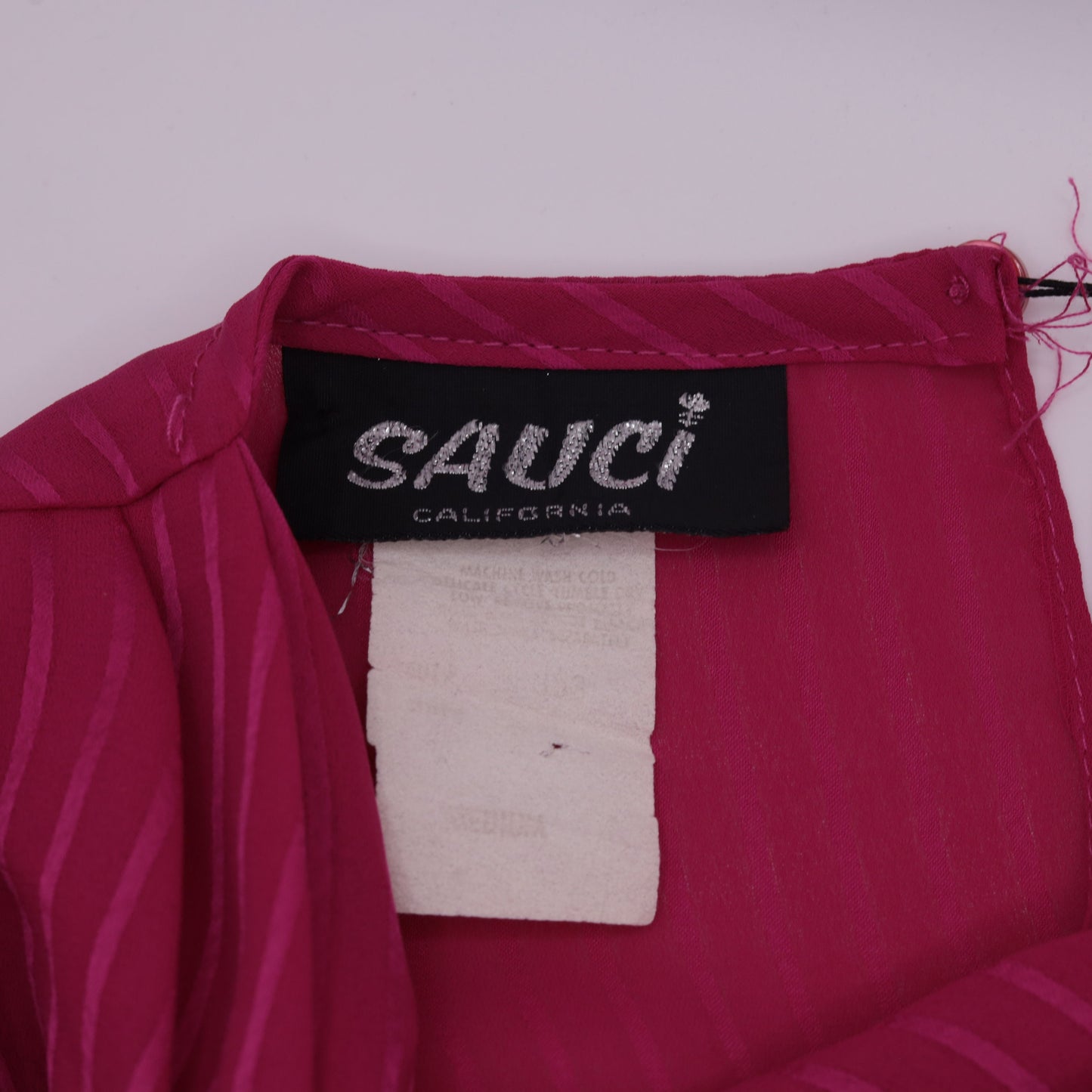 80s Fuchsia Cowl Neck Blouse Striped Puff Sleeve Keyhole Back Small