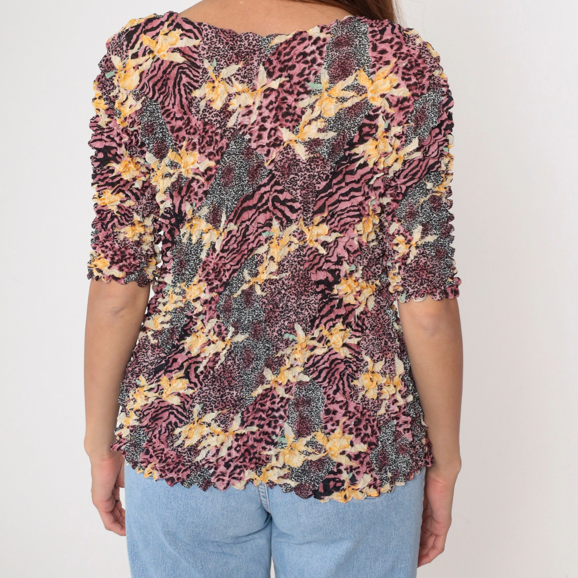 Y2K Popcorn Shirt Floral Animal Print Gold Metallic Textured Blouse Pink Black XS-M