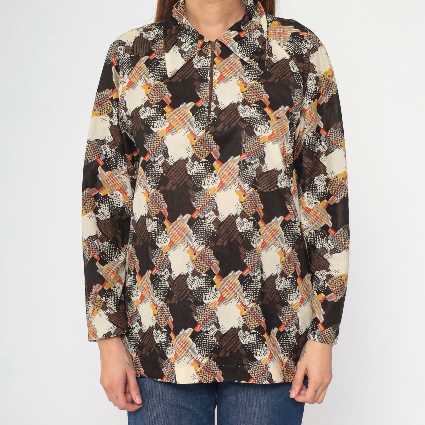 70s Abstract Print Blouse Brown Beige Orange Blue Zip Front Collared Large L