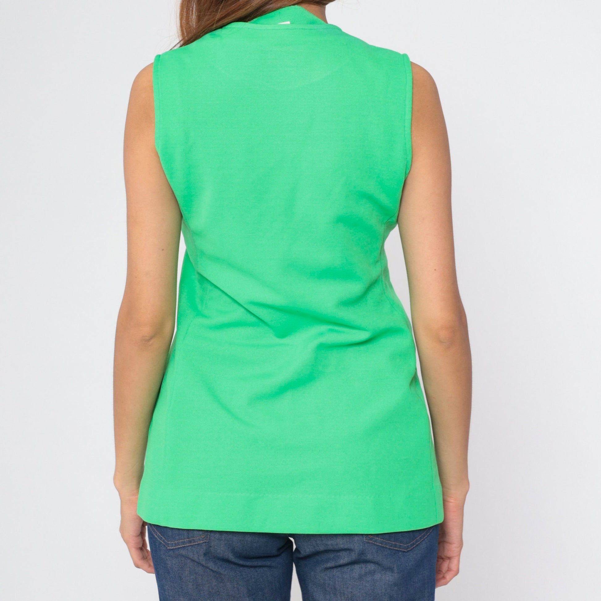 70s Lime Green Button-Up Tank Top Longline Pockets Small