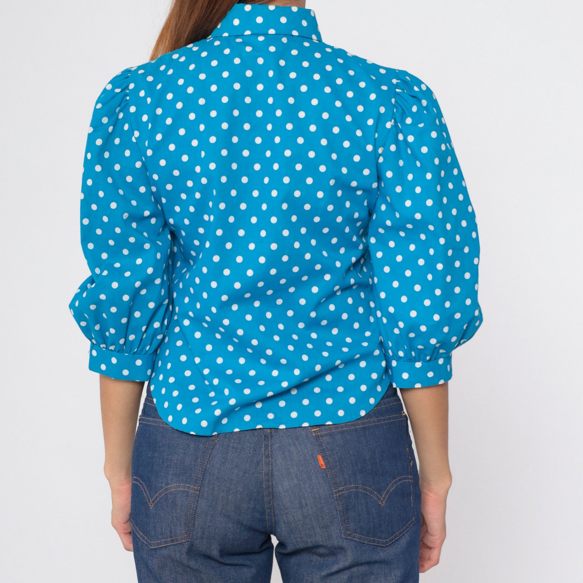 80s Bright Blue Polka Dot Puff Sleeve Button Up Blouse Small S