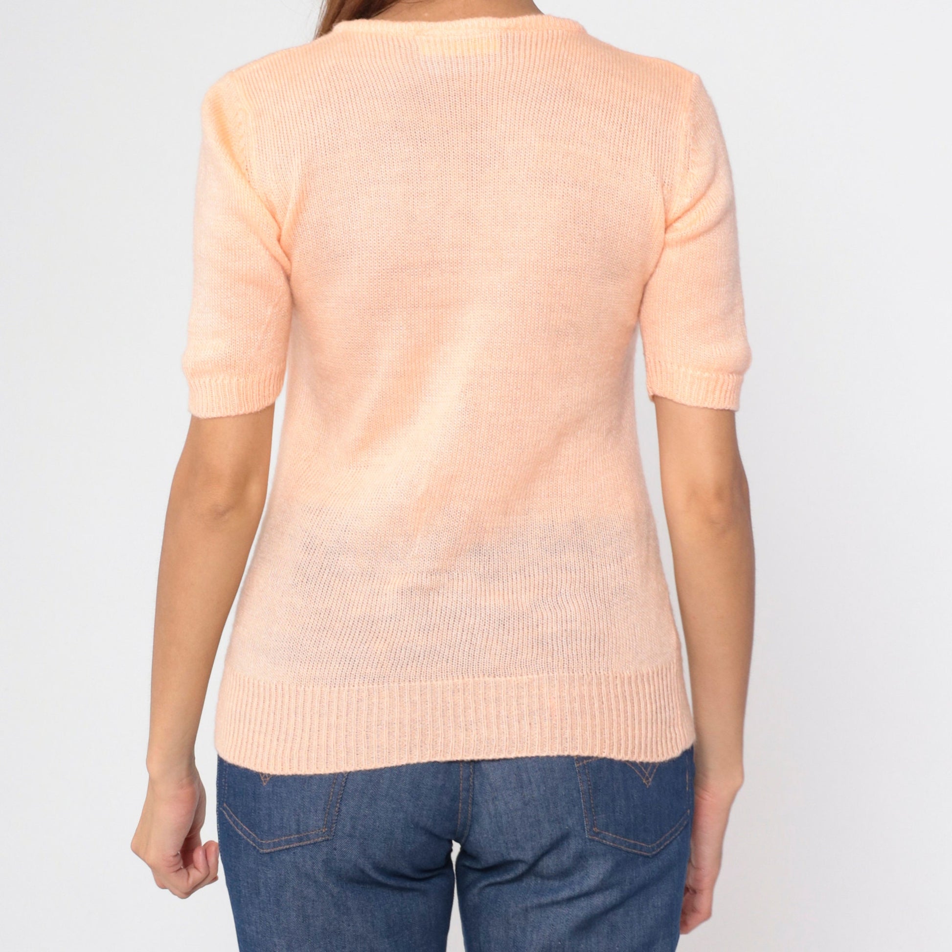 80s Peach Knit Top Beaded Neckline Short Sleeve Blouse Small