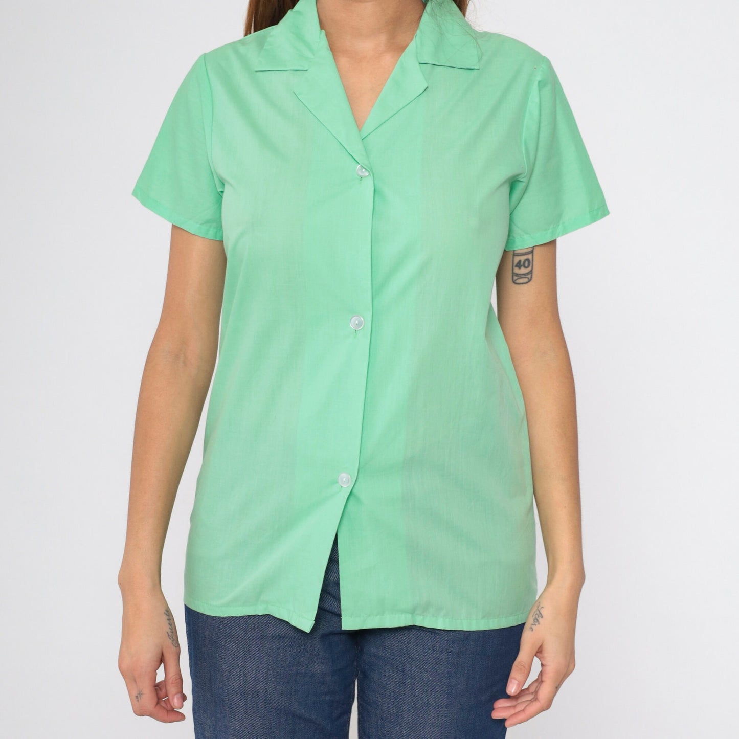70s Mint Green Button Up Shirt Short Sleeve Sears Blouse Extra Small