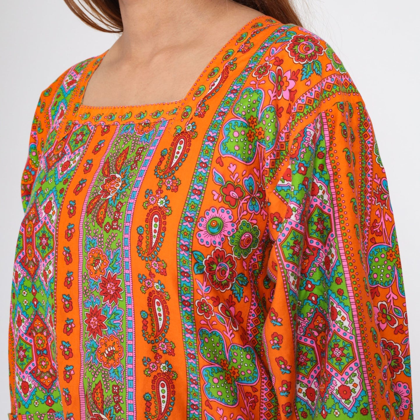 70s Floral Paisley Orange Apron Top Tie Back Tunic Small