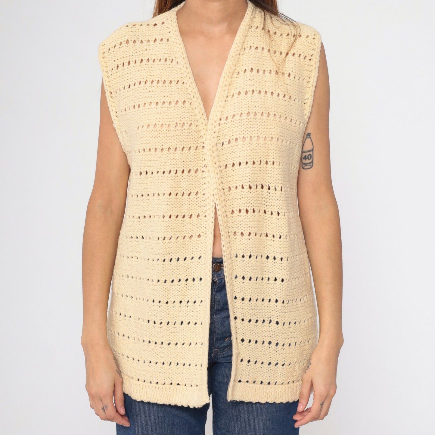 70s Cream Knit Vest Sleeveless V-Neck Sweater Tank Medium