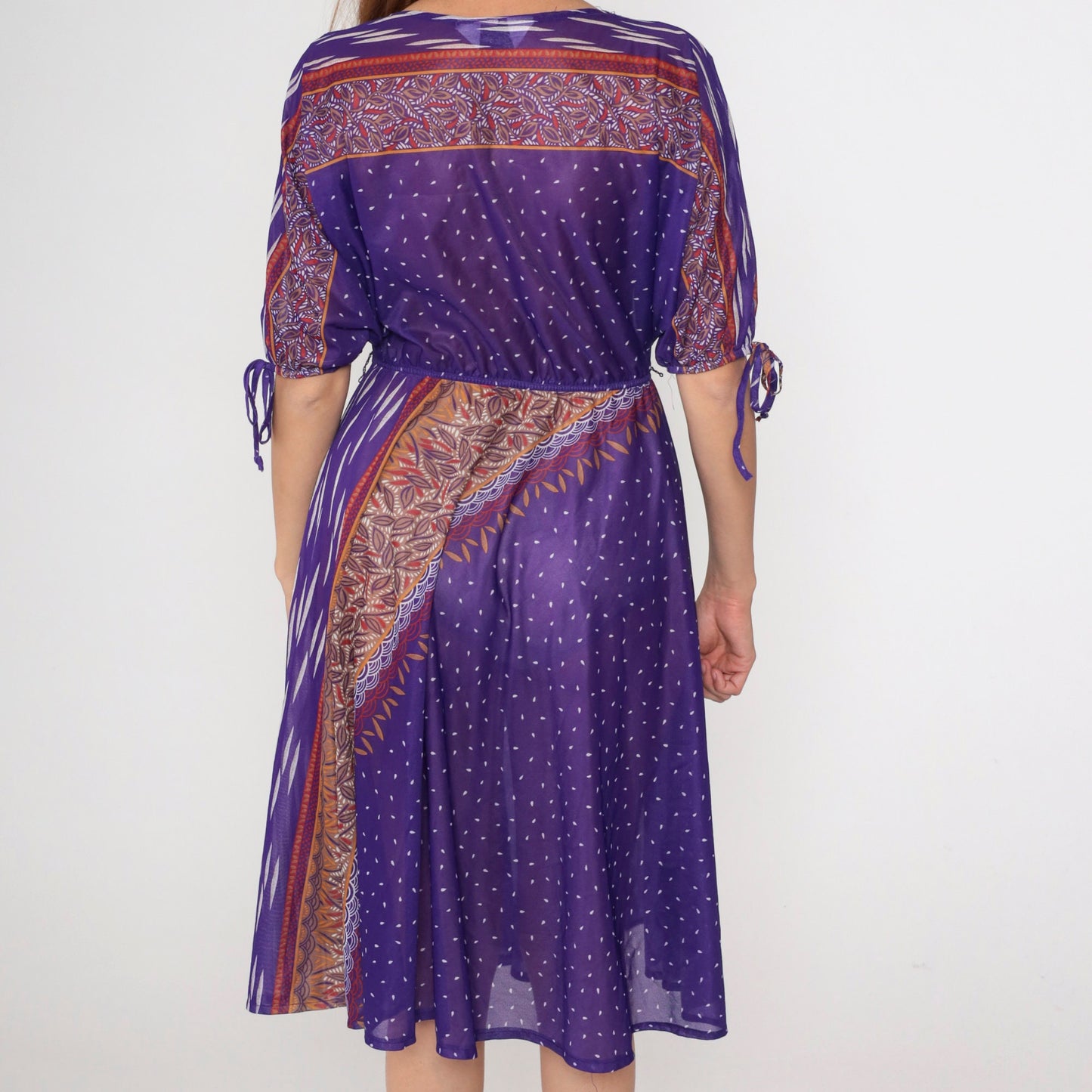 70s Purple Leaf Print Midi Dress Dolman Tie Sleeves Elastic Waist Small Medium