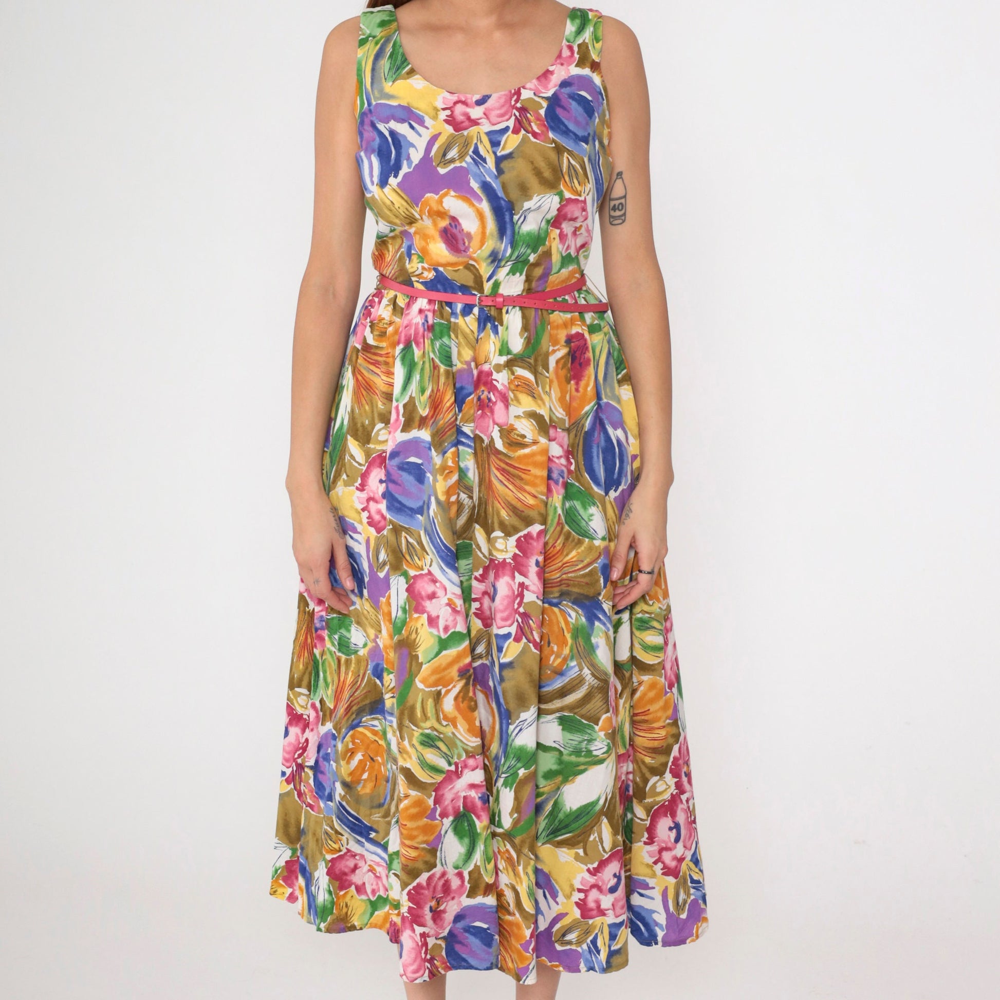 90s Banana Republic Floral Midi Dress Multicolor Sleeveless High Waist Small 6