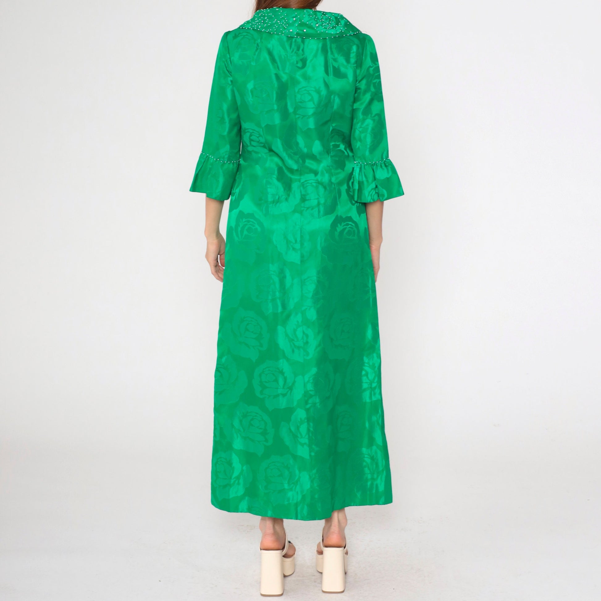 60s Alice of California Green Jacquard Floral Maxi Dress Pearl Beaded Peter Pan Collar Small